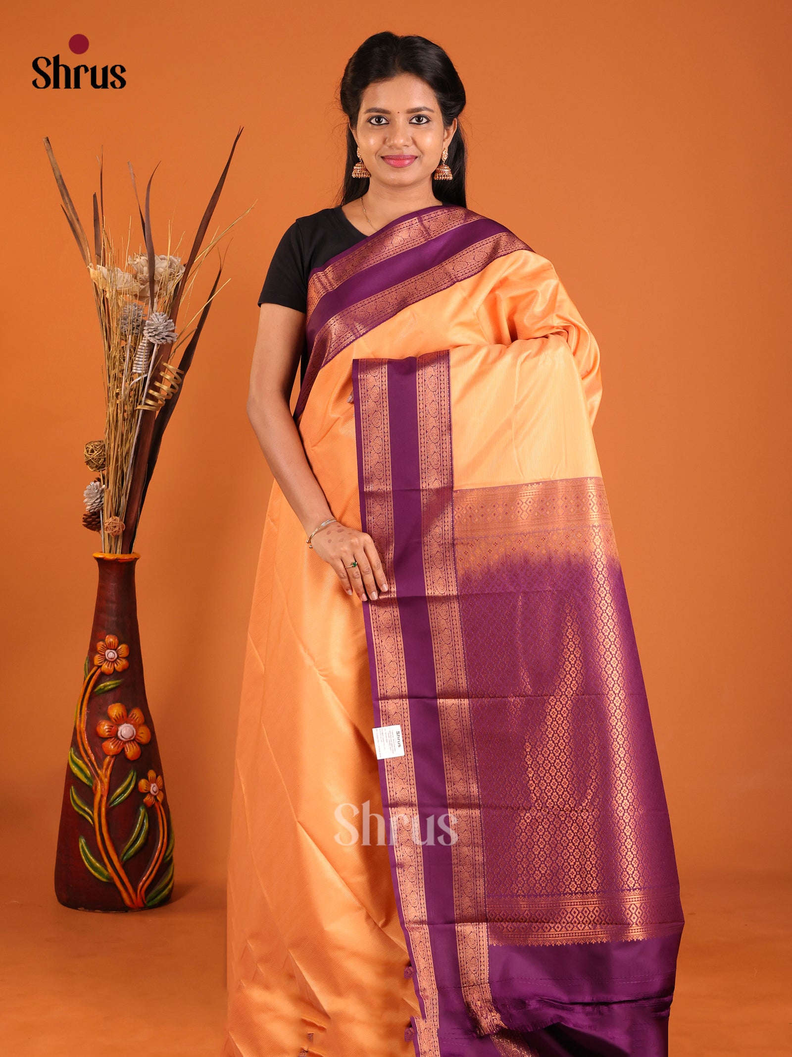Orange & Violet - Semi Kanchipuram Saree - Shop on Shrus.com