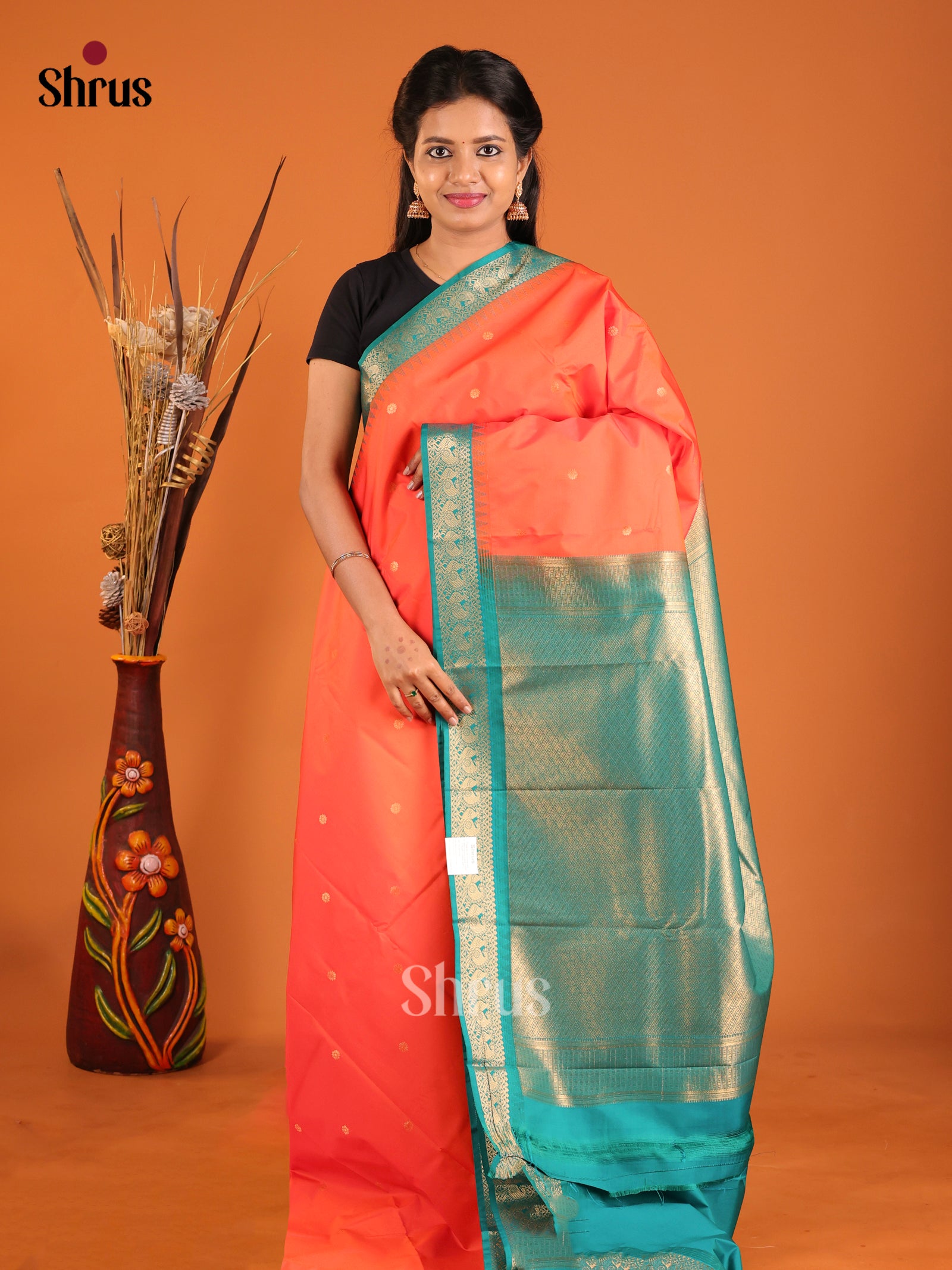 Orange & Green - Semi Kanchipuram Saree - Shop on Shrus.com