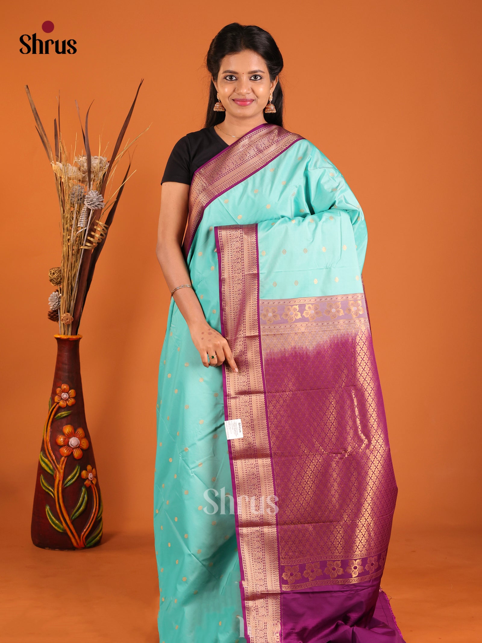 Pastel Blue & Purple - Semi Kanchipuram Saree - Shop on Shrus.com