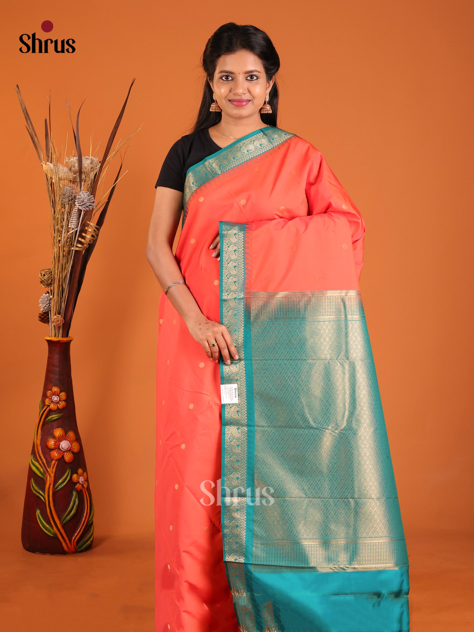 Orange & Green- Semi Kanchipuram Saree - Shop on Shrus.com