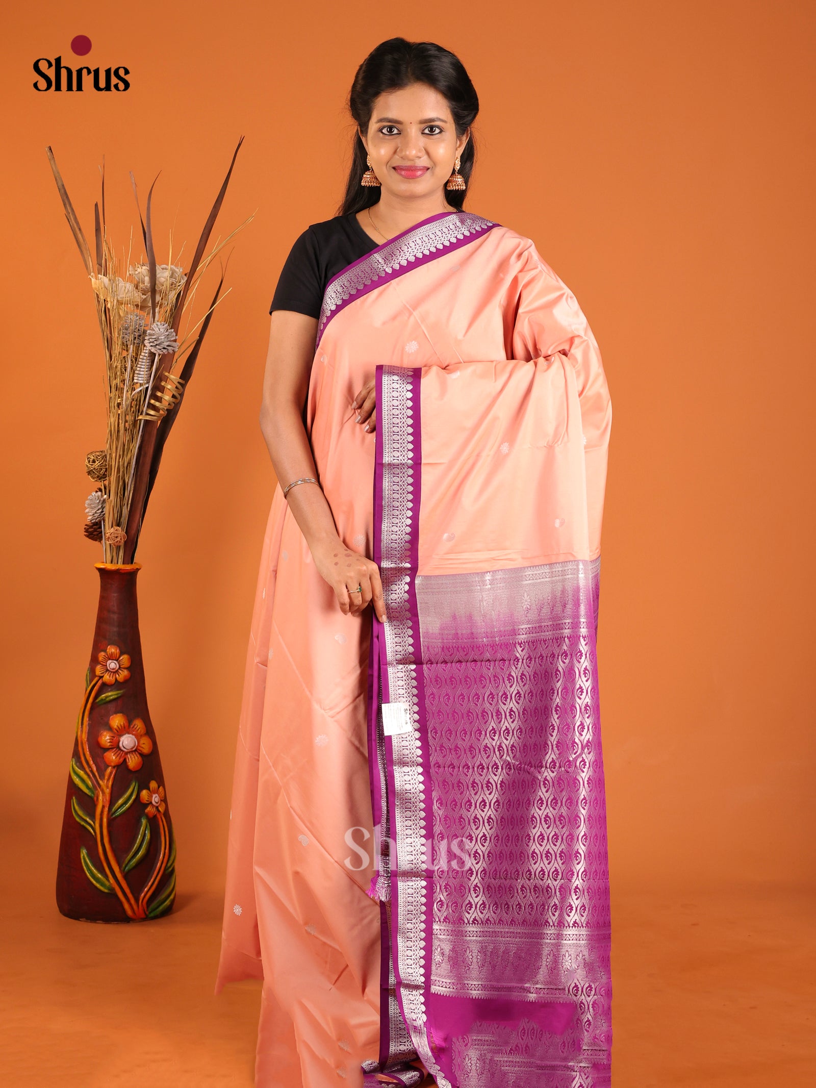 Peach & Purple - Semi Kanchipuram Saree - Shop on Shrus.com