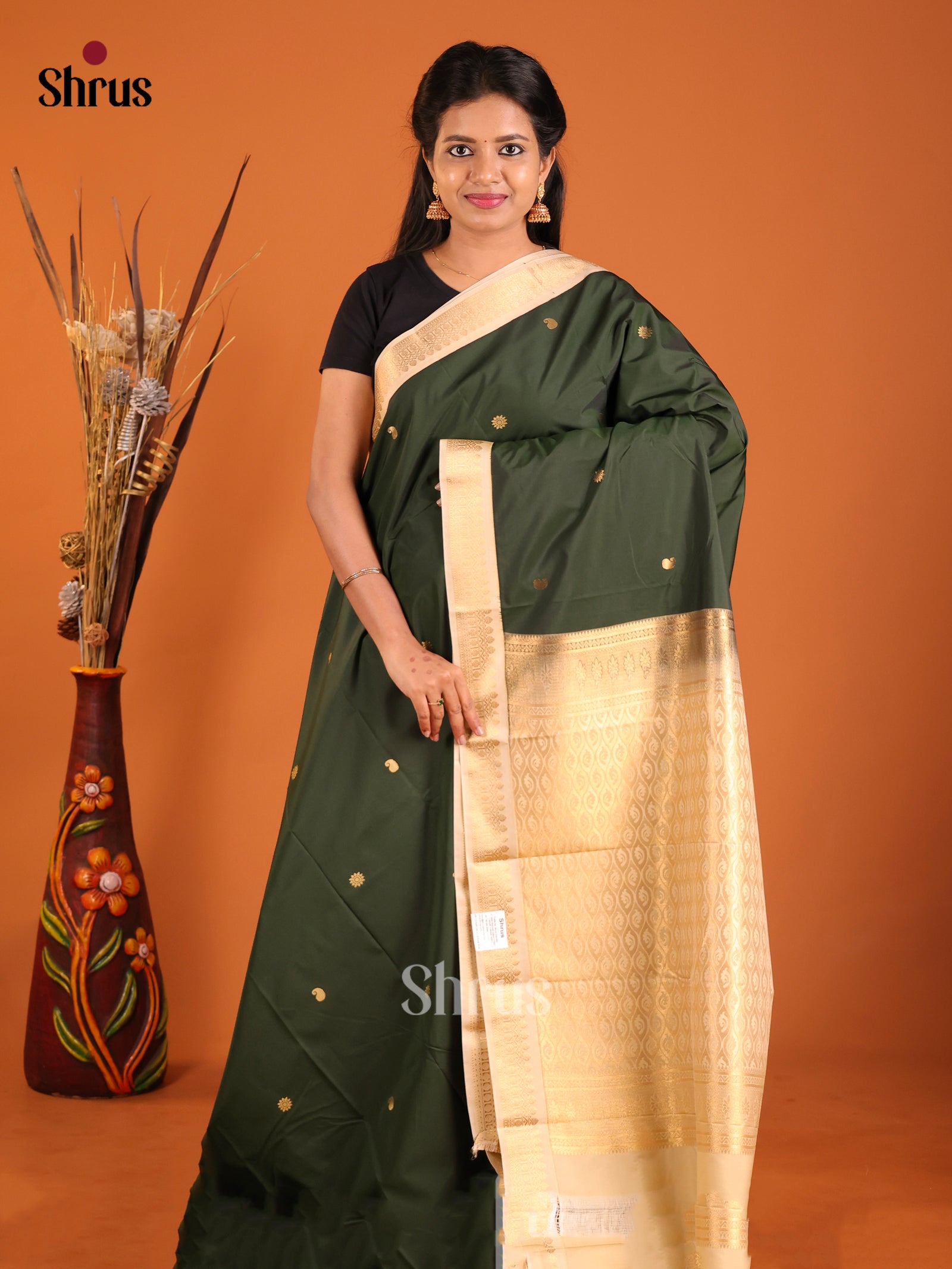 Green & Cream - Semi Kanchipuram Saree - Shop on Shrus.com