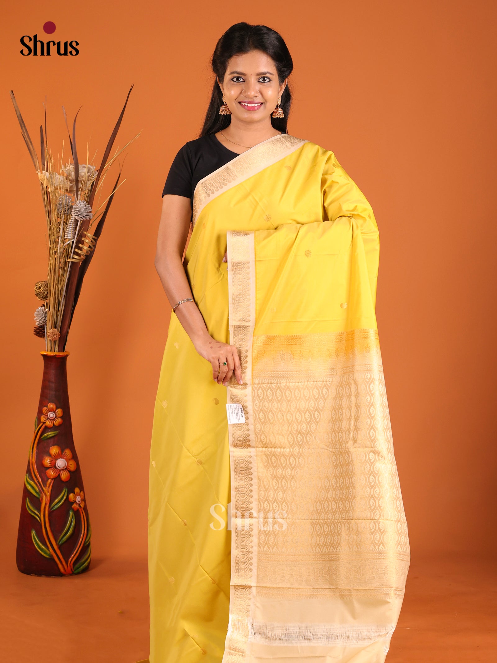 Yellow & Cream - Semi Kanchipuram Saree - Shop on Shrus.com