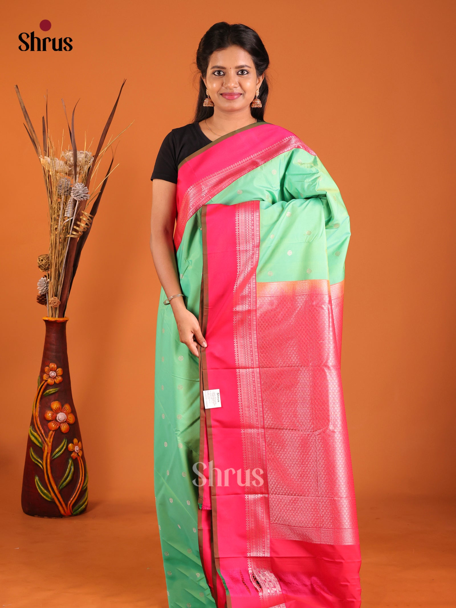 Teal Green & Pink- Semi Kanchipuram Saree - Shop on Shrus.com