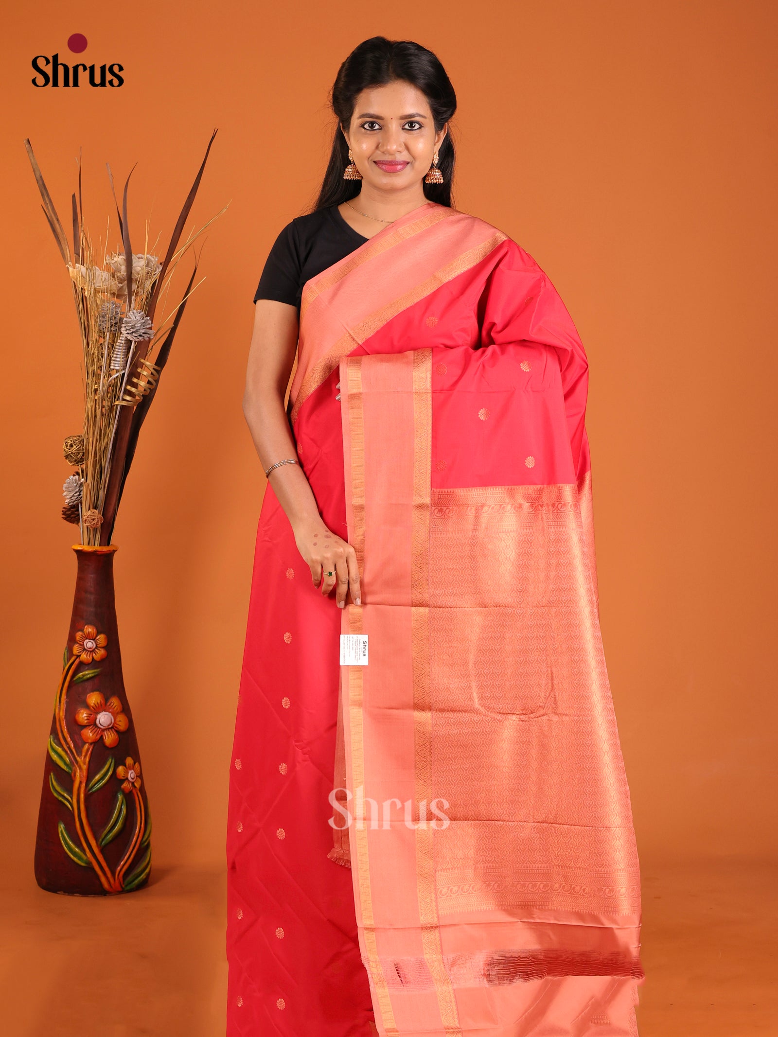 Red & Orange - Semi Kanchipuram Saree - Shop on Shrus.com