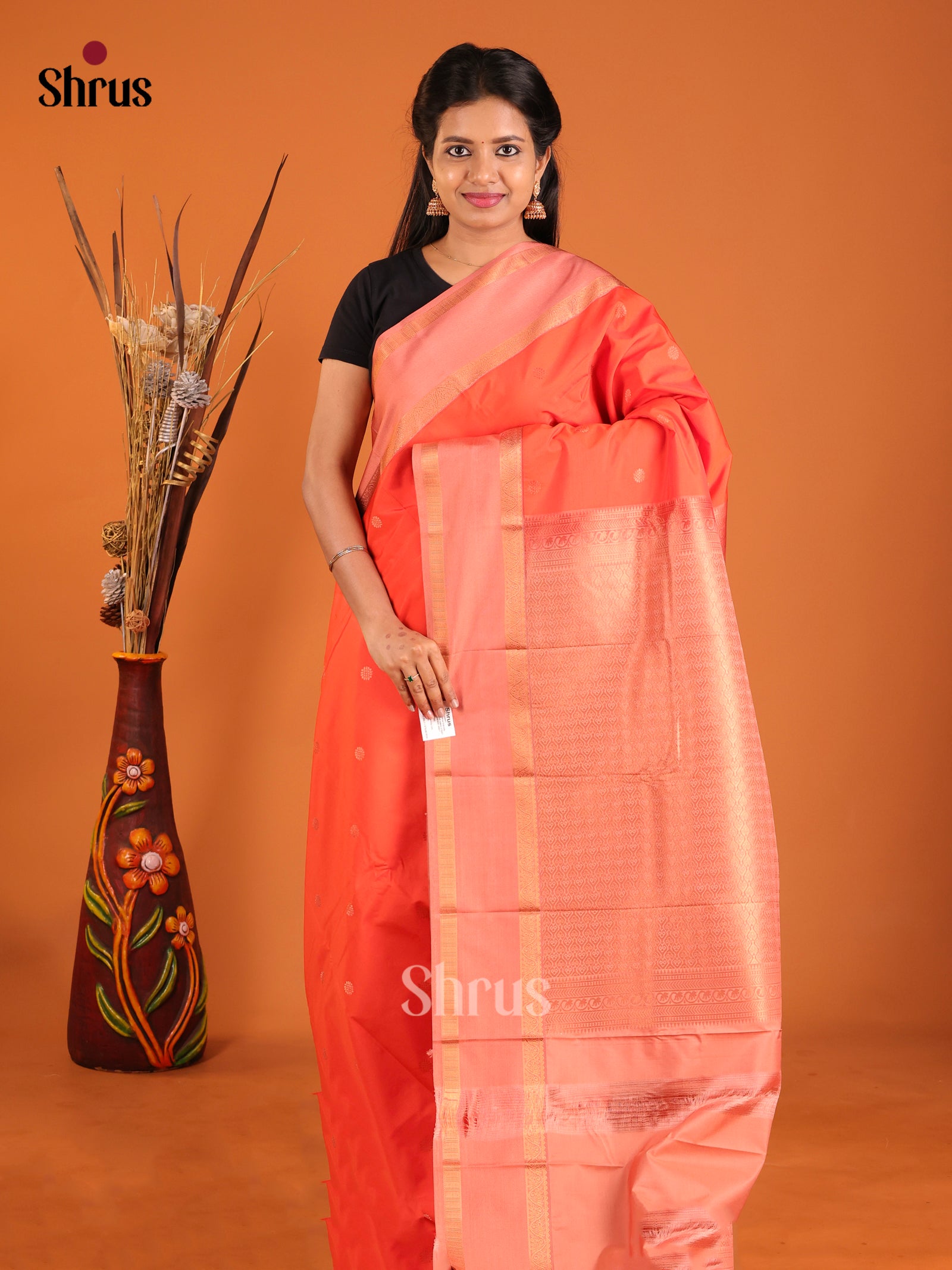 Orange  - Semi Kanchipuram Saree - Shop on Shrus.com