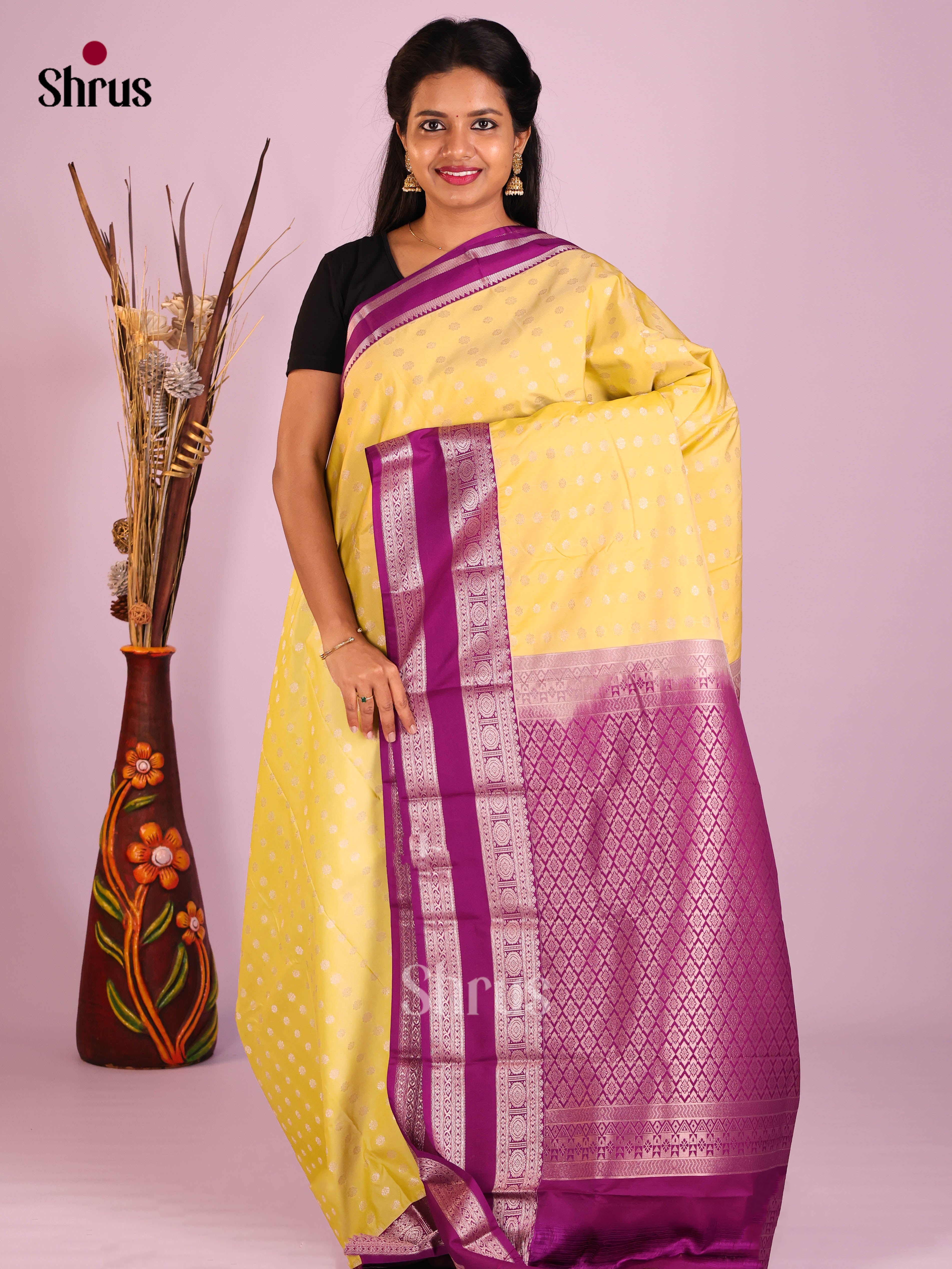 Yellow & Purple - Semi Kanchipuram Saree
