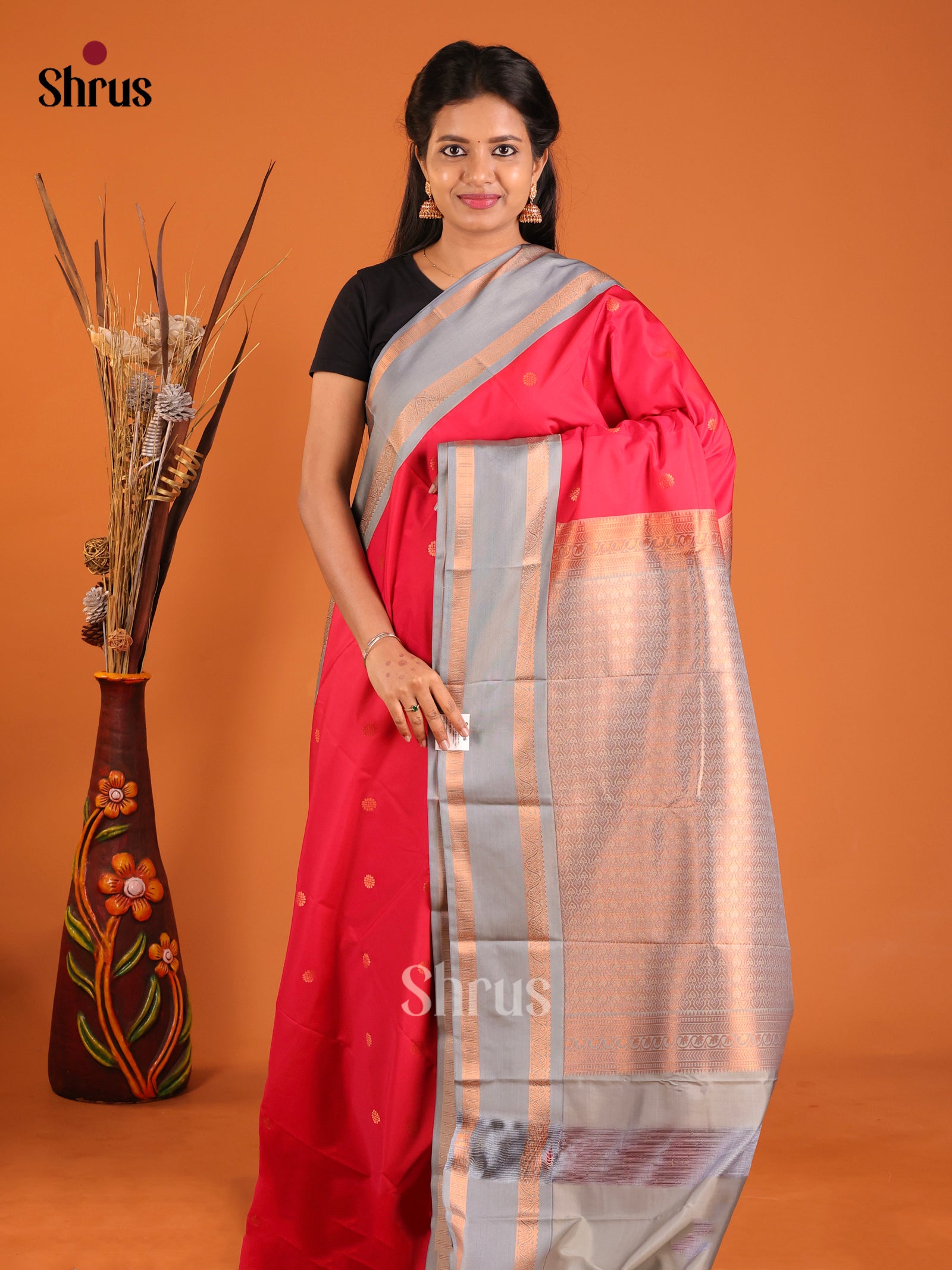 Red & Grey - Semi Kanchipuram Saree - Shop on Shrus.com