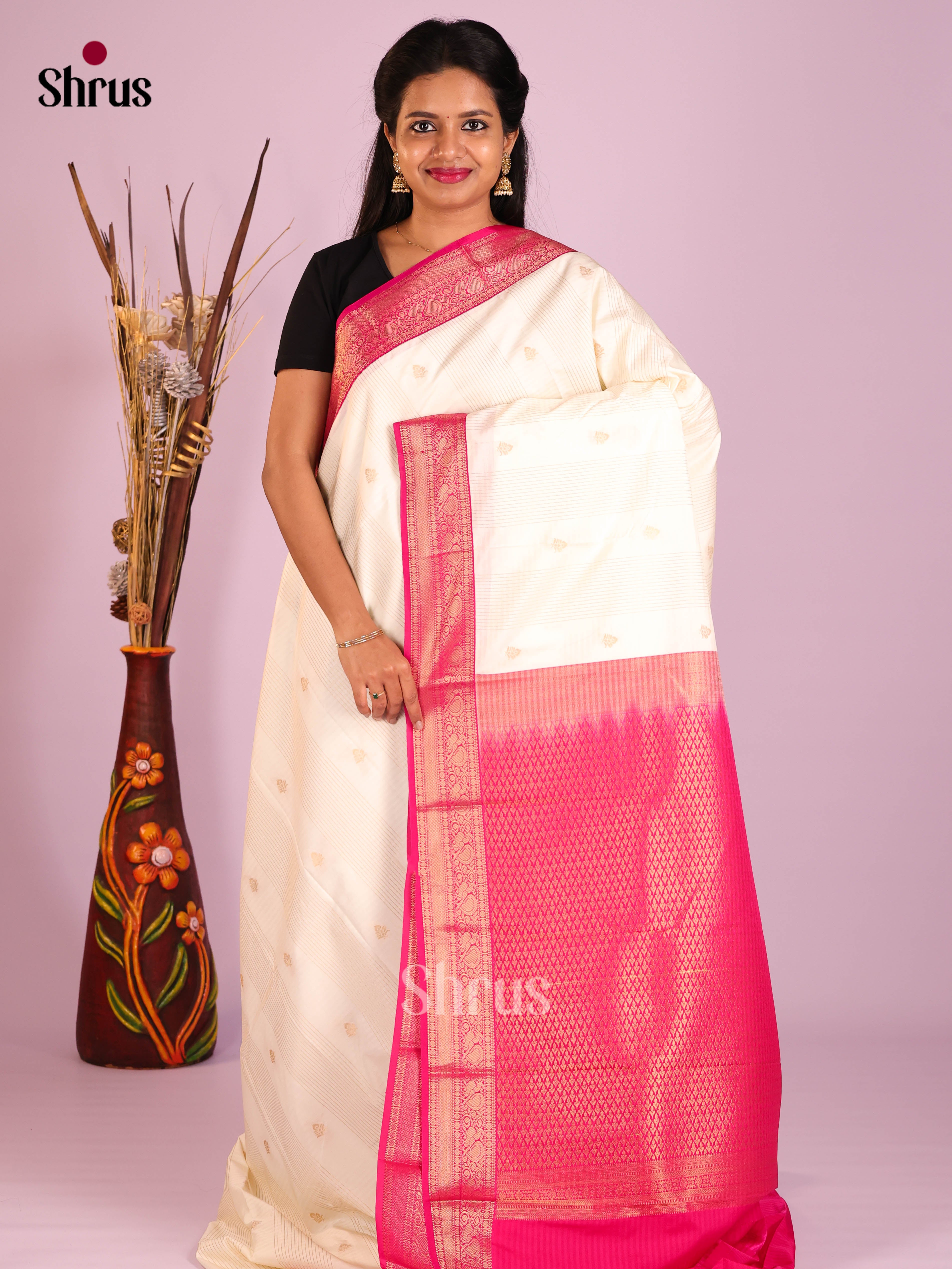Cream & Pink - Semi Kanchipuram Saree