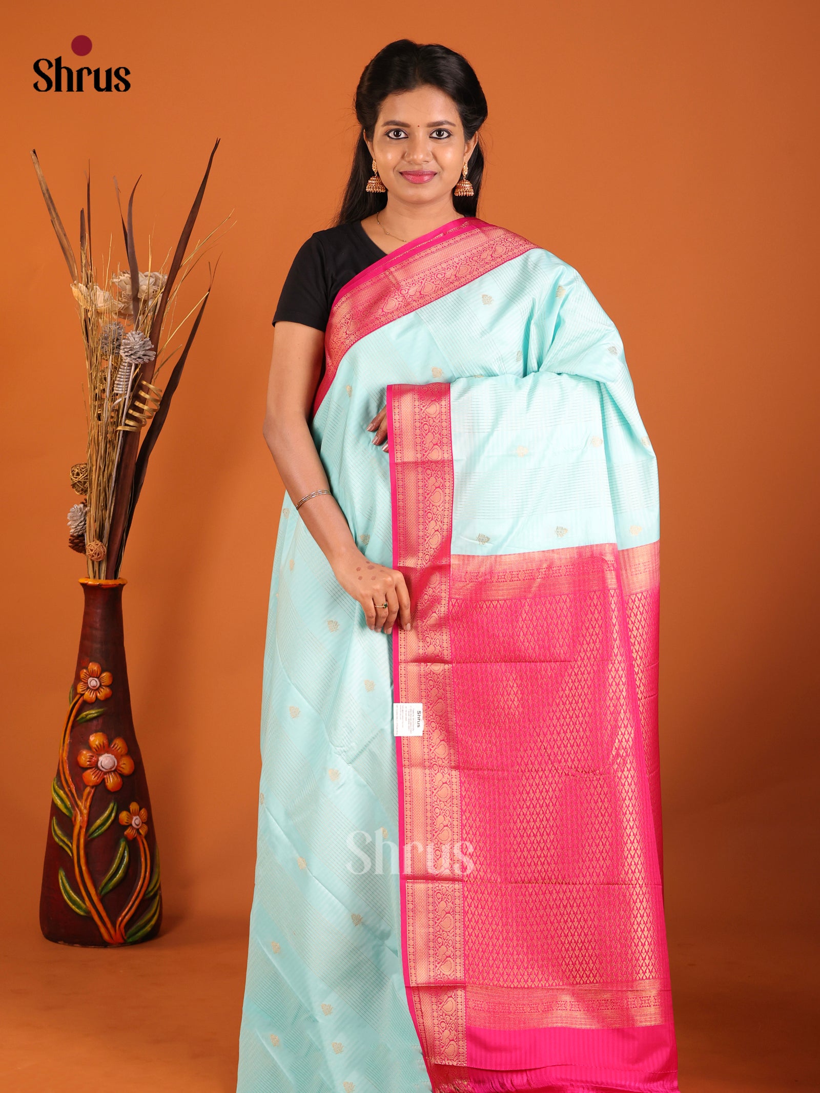 Pastel Blue & Pink - Semi Kanchipuram Saree - Shop on Shrus.com