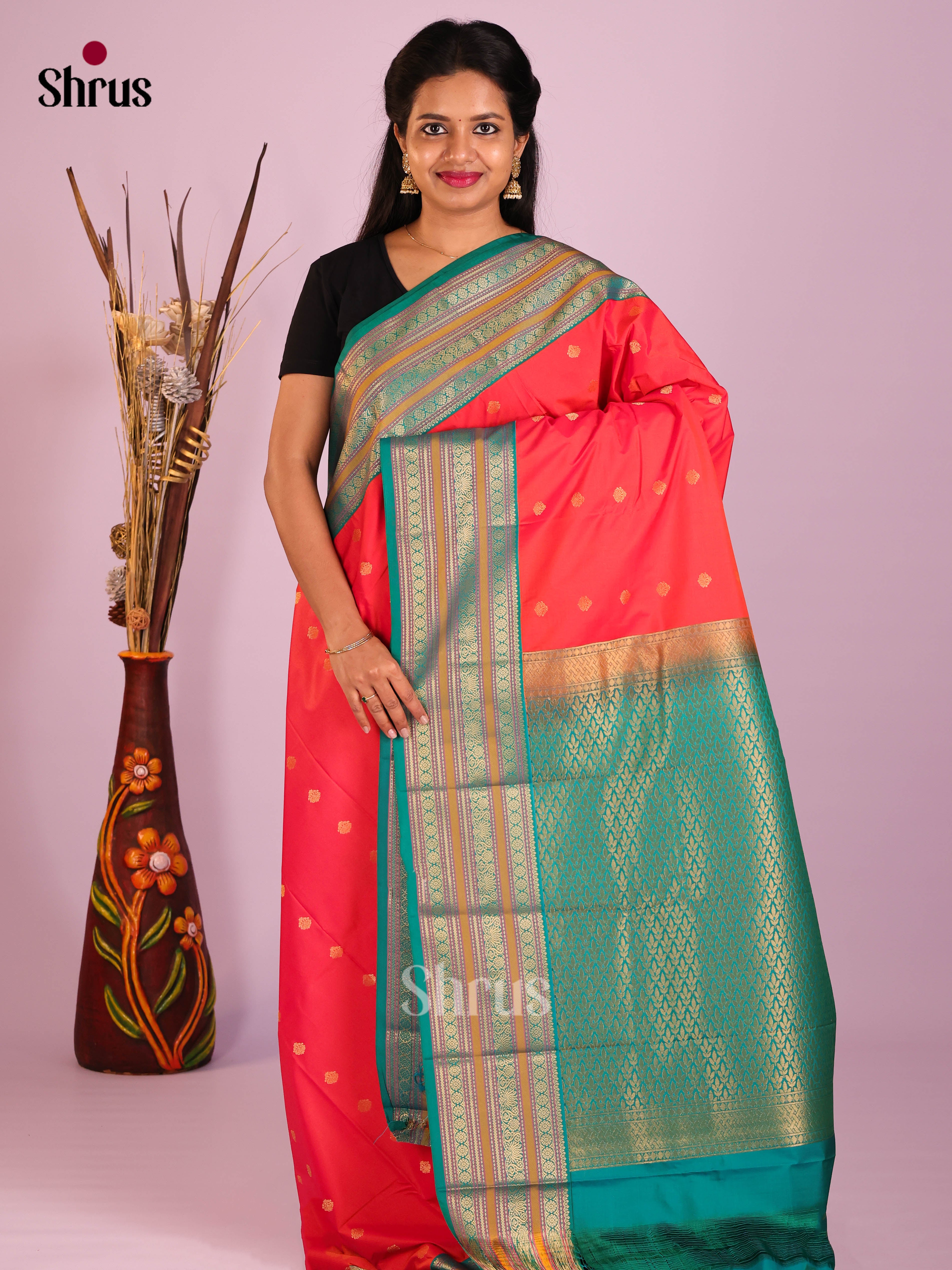 Orangish Pink & Green - Semi Kanchipuram Saree - Shop on Shrus.com