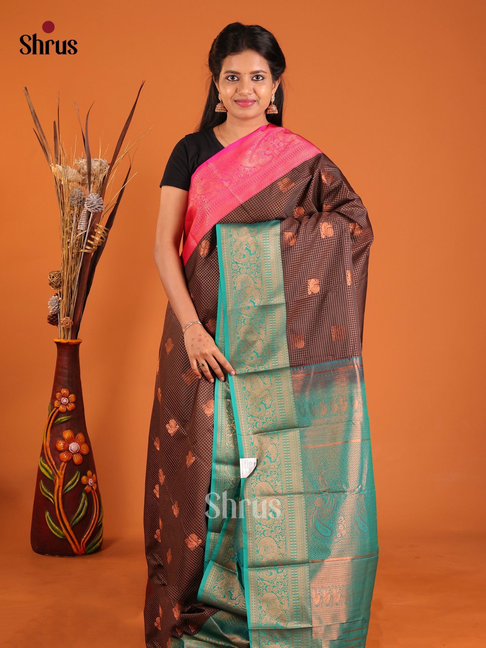Brown  & Green - Semi Kanchipuram Saree
