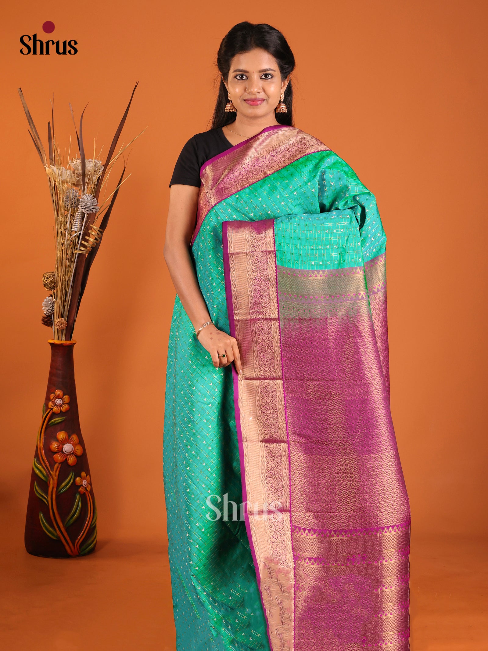 Green & Purple - Semi Kanchipuram Saree - Shop on Shrus.com