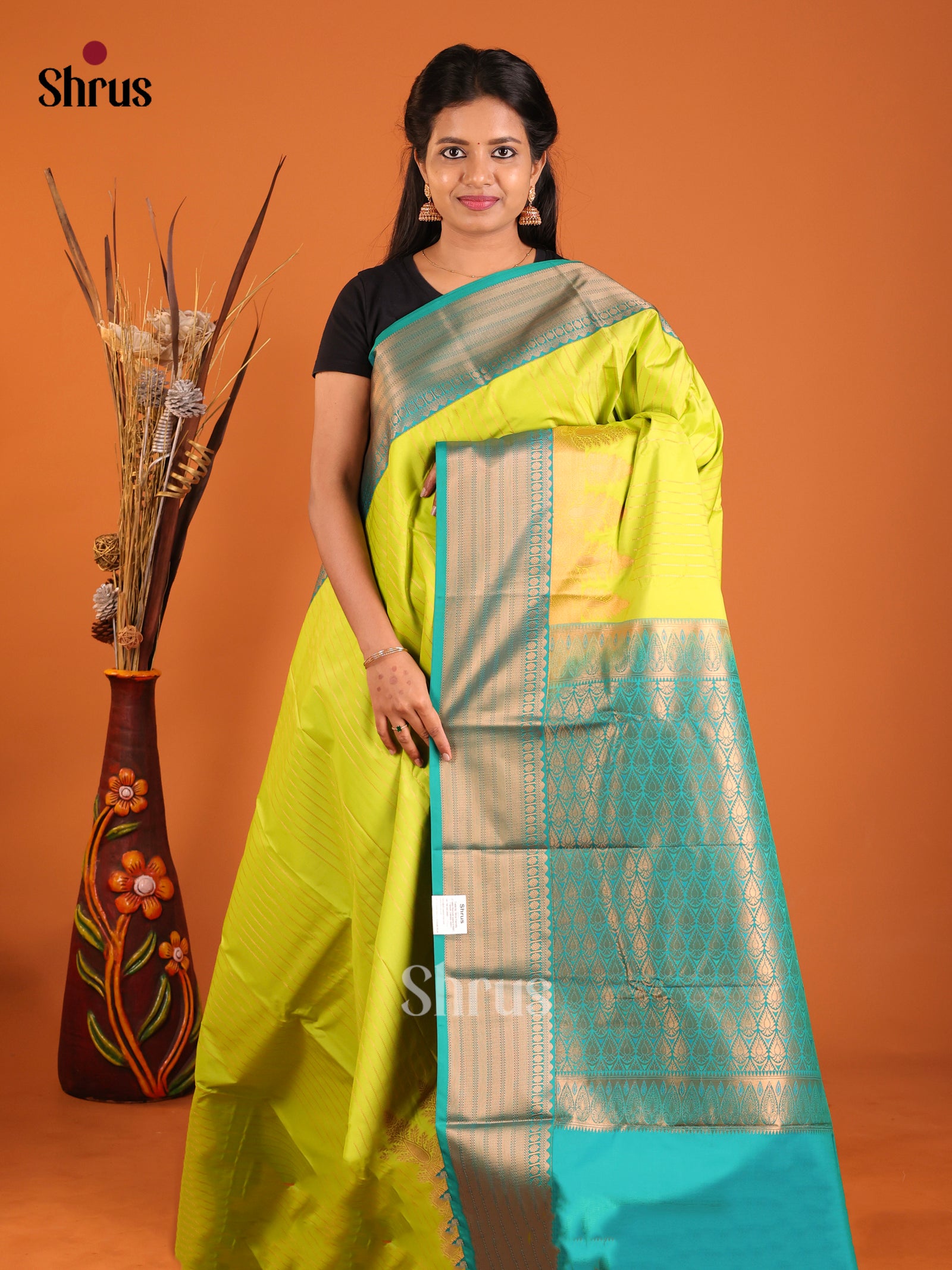 Light Green & Green - Semi Kanchipuram Saree - Shop on Shrus.com