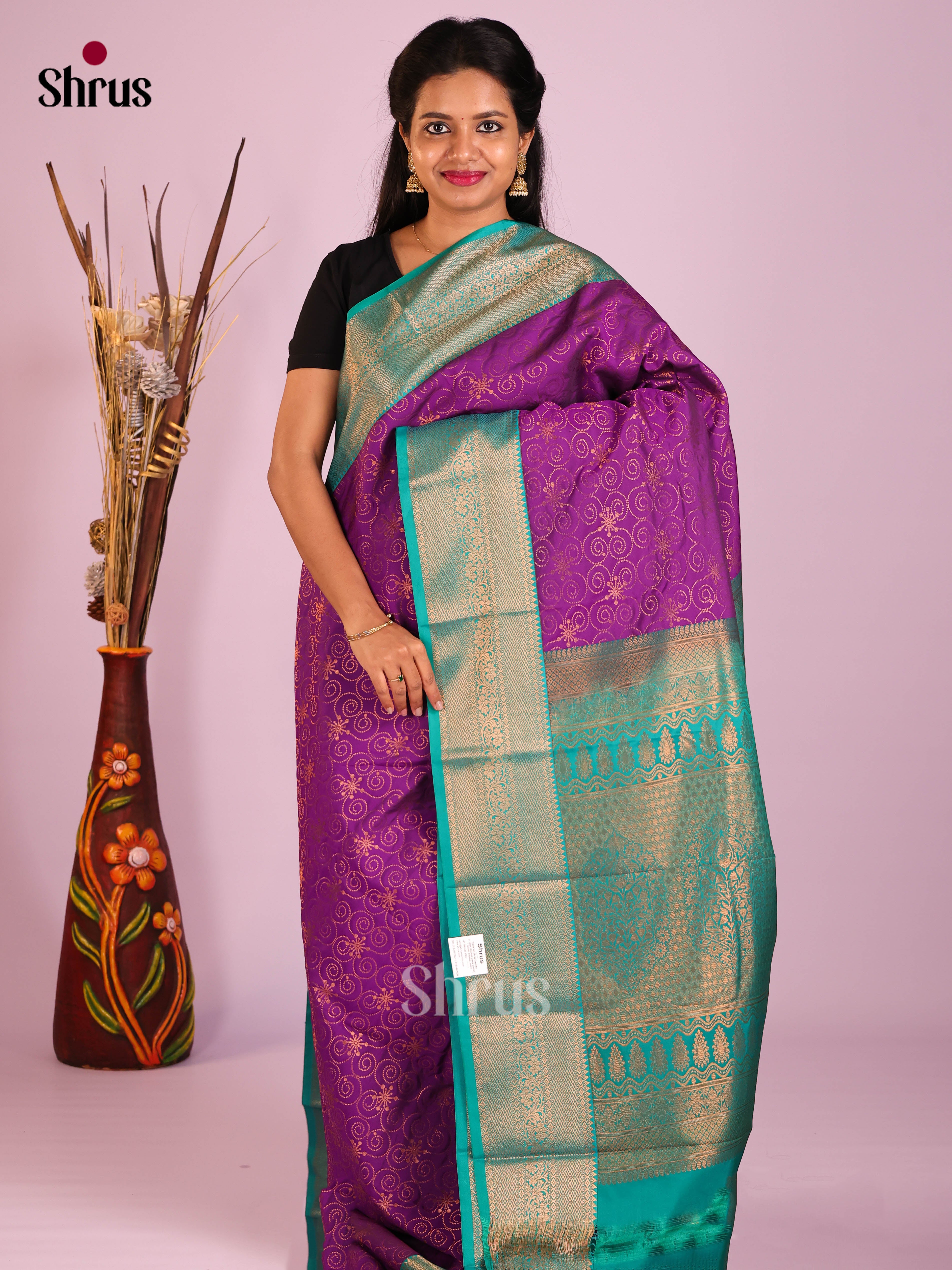 Purple & Green - Semi Kanchipuram Saree - Shop on Shrus.com