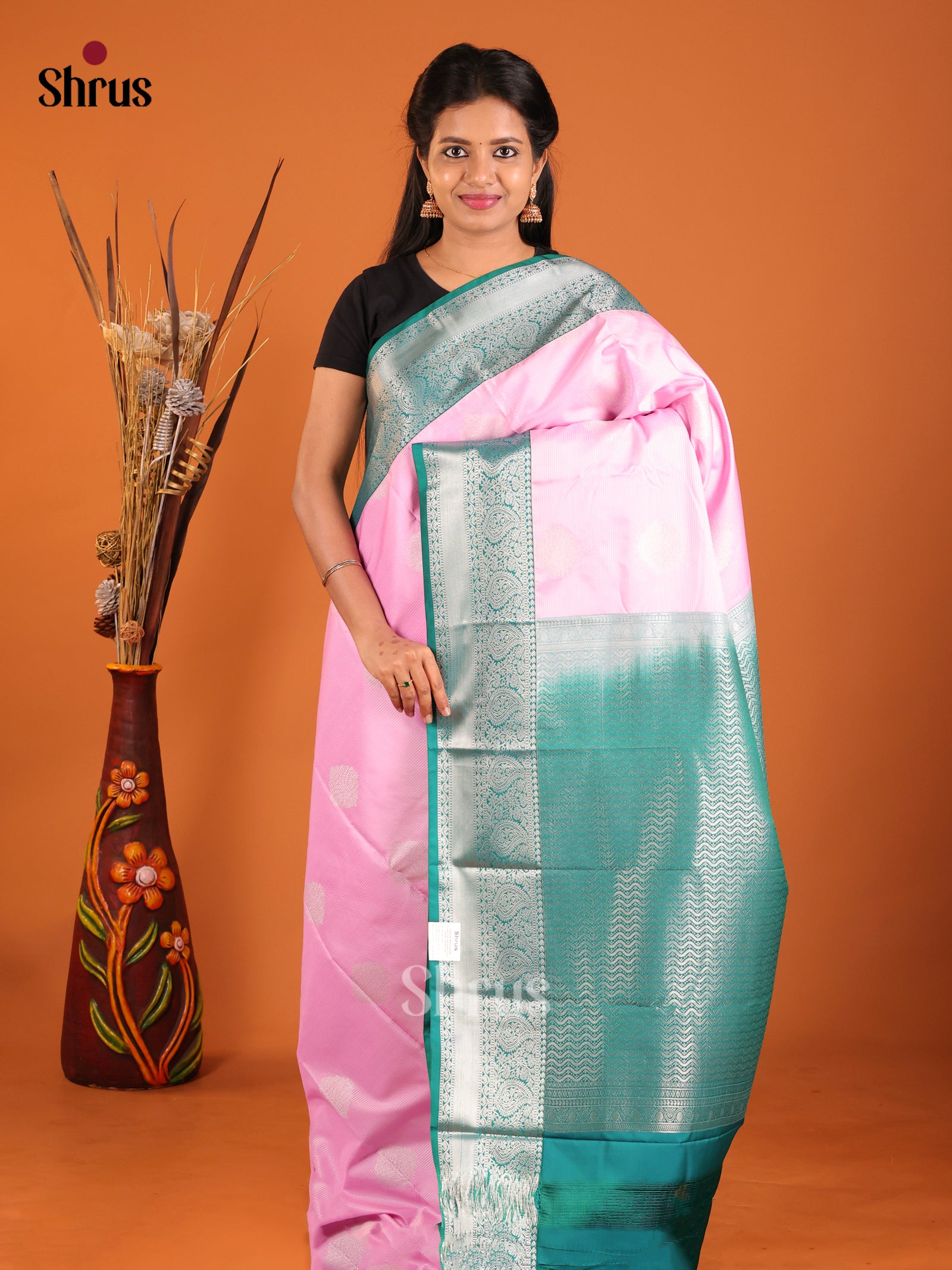 pink & Green- Semi Kanchipuram Saree - Shop on Shrus.com