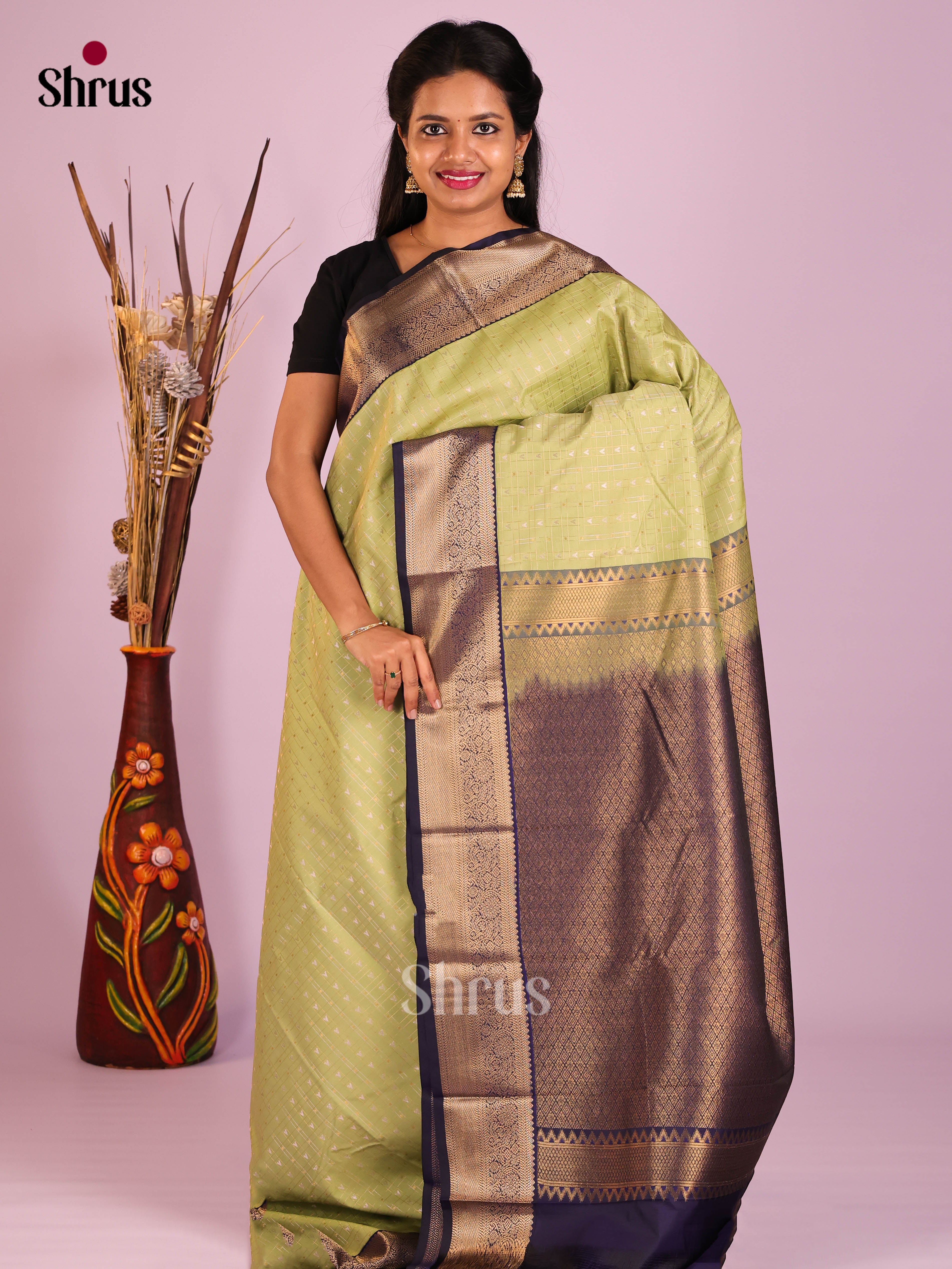 Green & Blue- Semi Kanchipuram Saree - Shop on Shrus.com