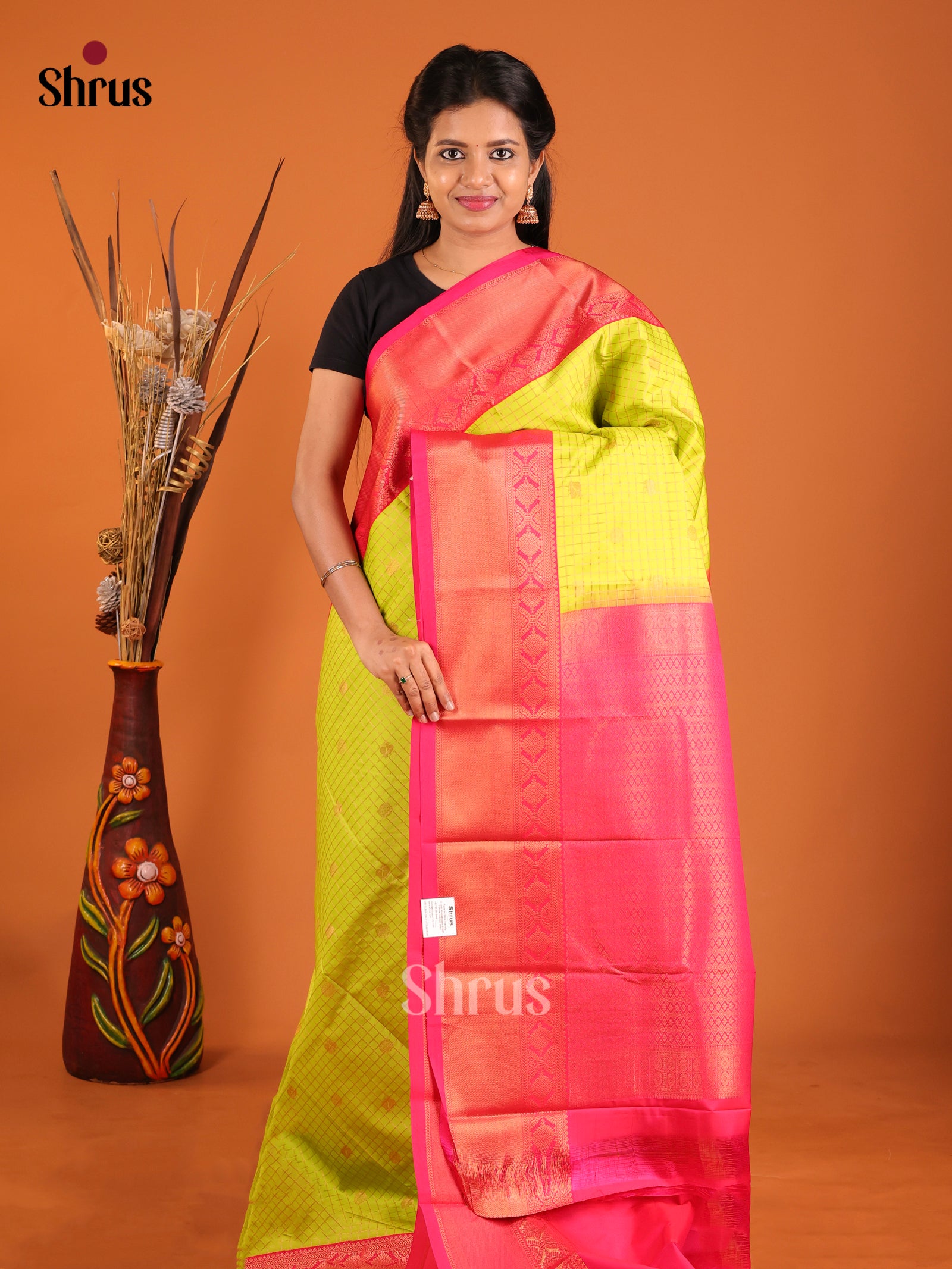 Light Green & Pink - Semi Kanchipuram Saree - Shop on Shrus.com