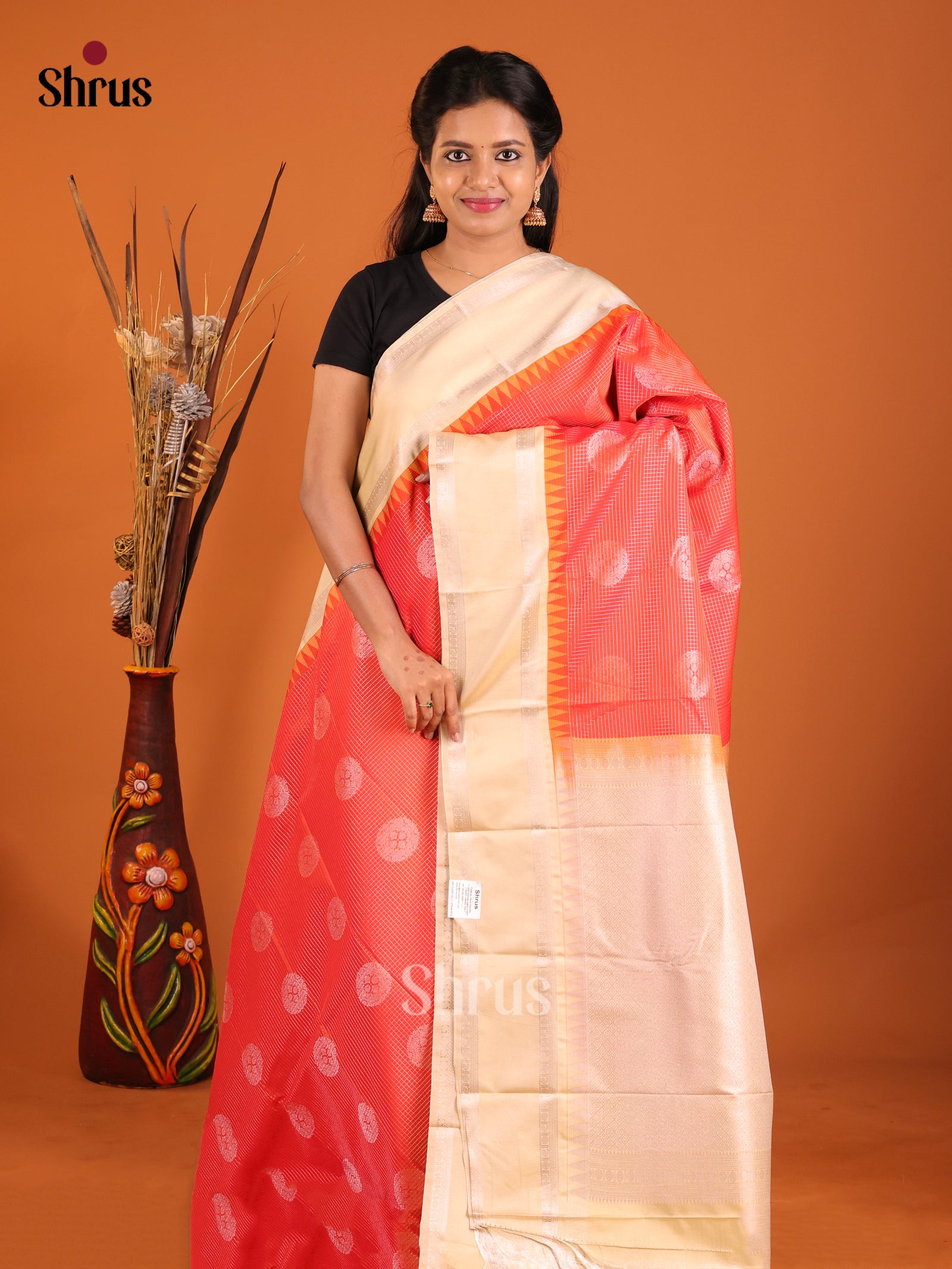 Orange & Cream - Semi Kanchipuram Saree - Shop on Shrus.com