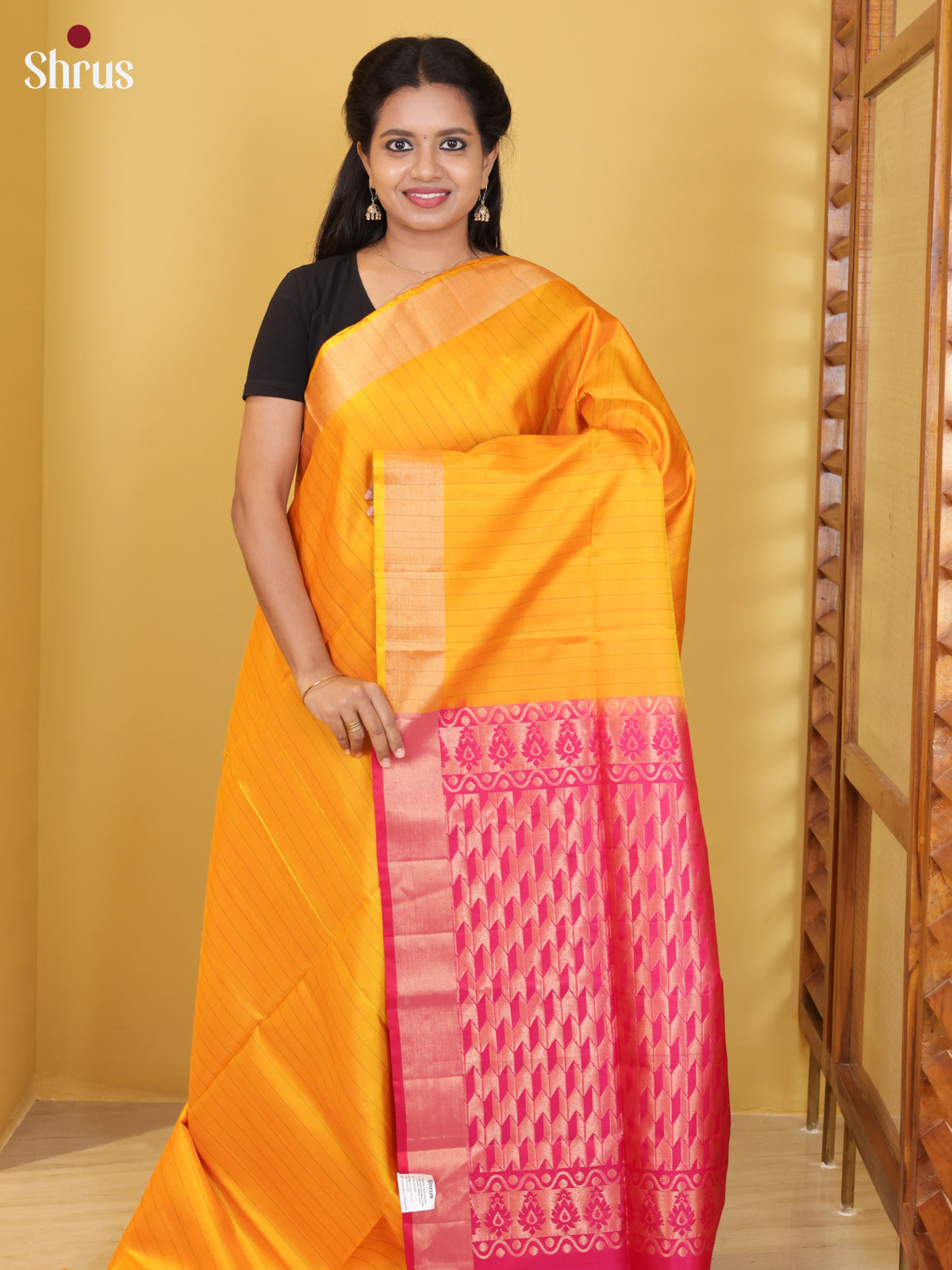 Sheeny Mustard Yellow Soft Silk Saree With Zari Stripes & Pink Brocade Pallu - Shop on Shrus.com