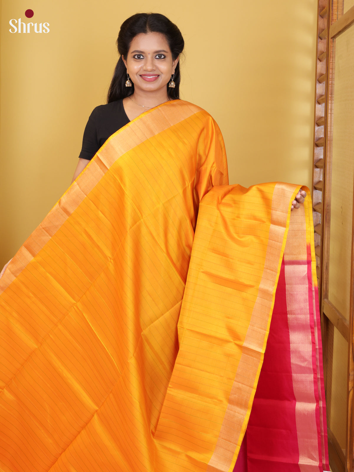 Sheeny Mustard Yellow Soft Silk Saree With Zari Stripes & Pink Brocade Pallu - Shop on Shrus.com