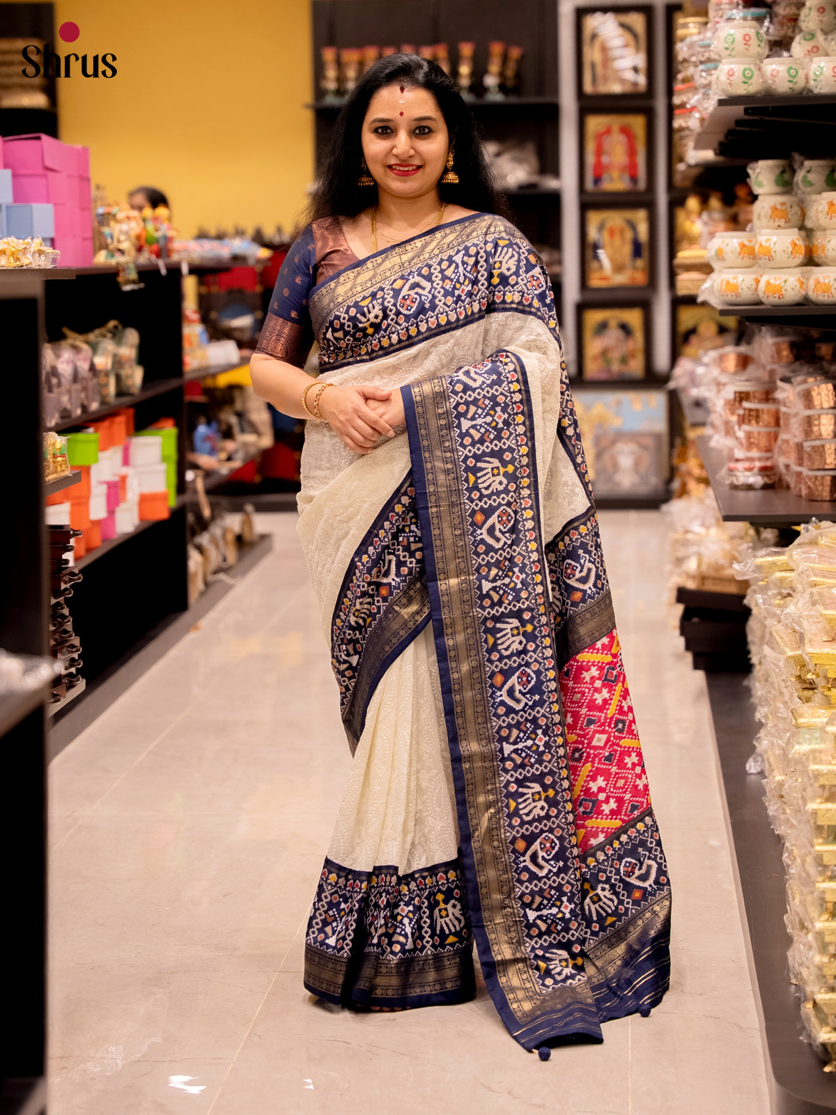 Cream & Blue - Semi Ikkat Saree