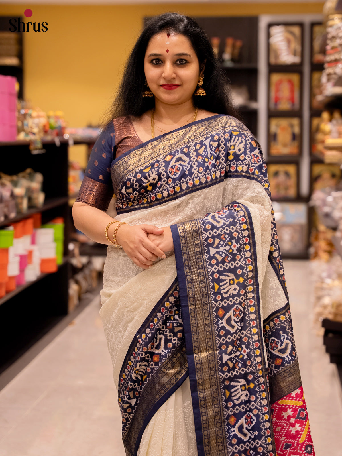 Cream & Blue - Semi Ikkat Saree