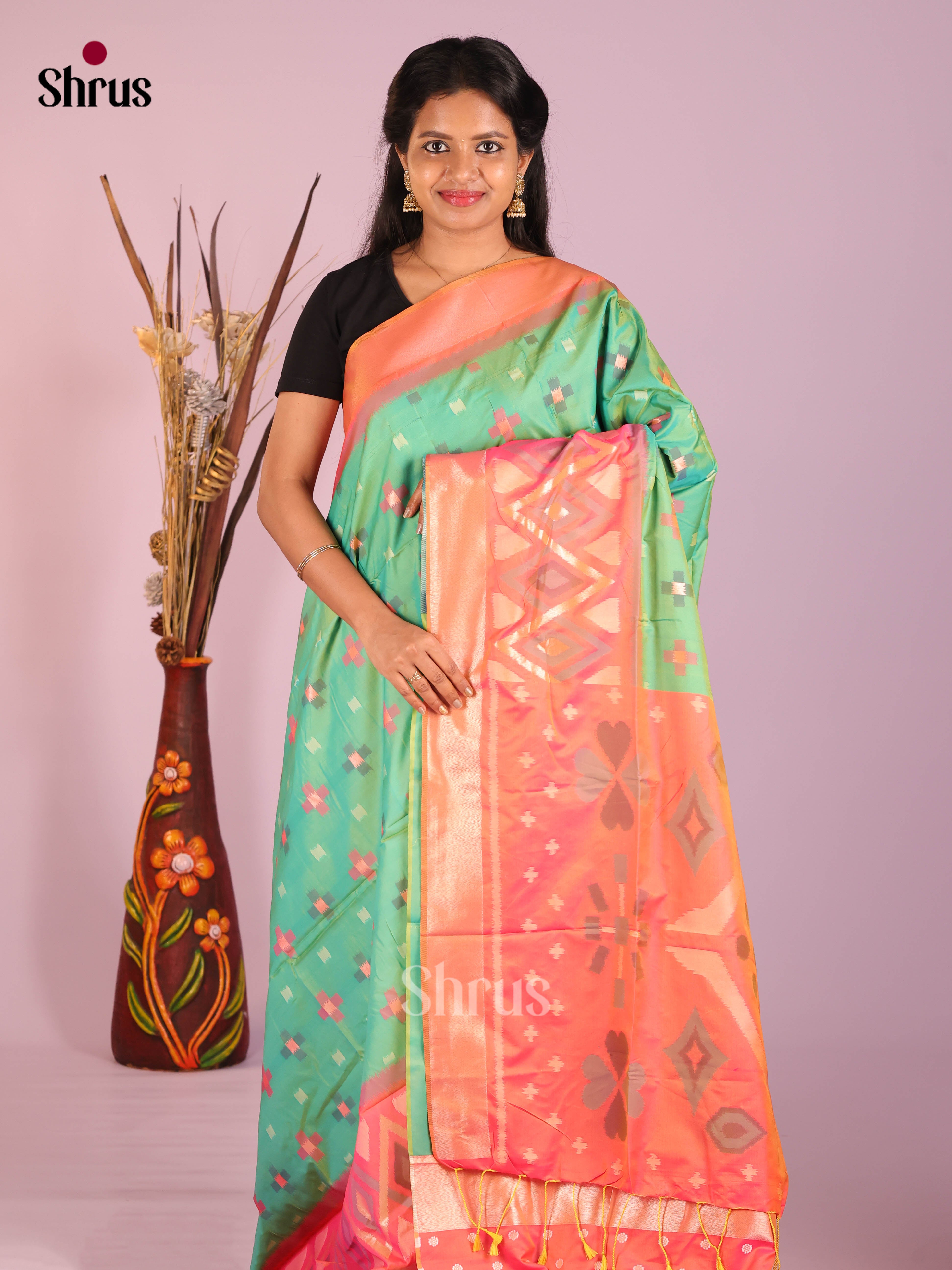 Pastel Green & Orangish Pink - Semi Softsilk Saree