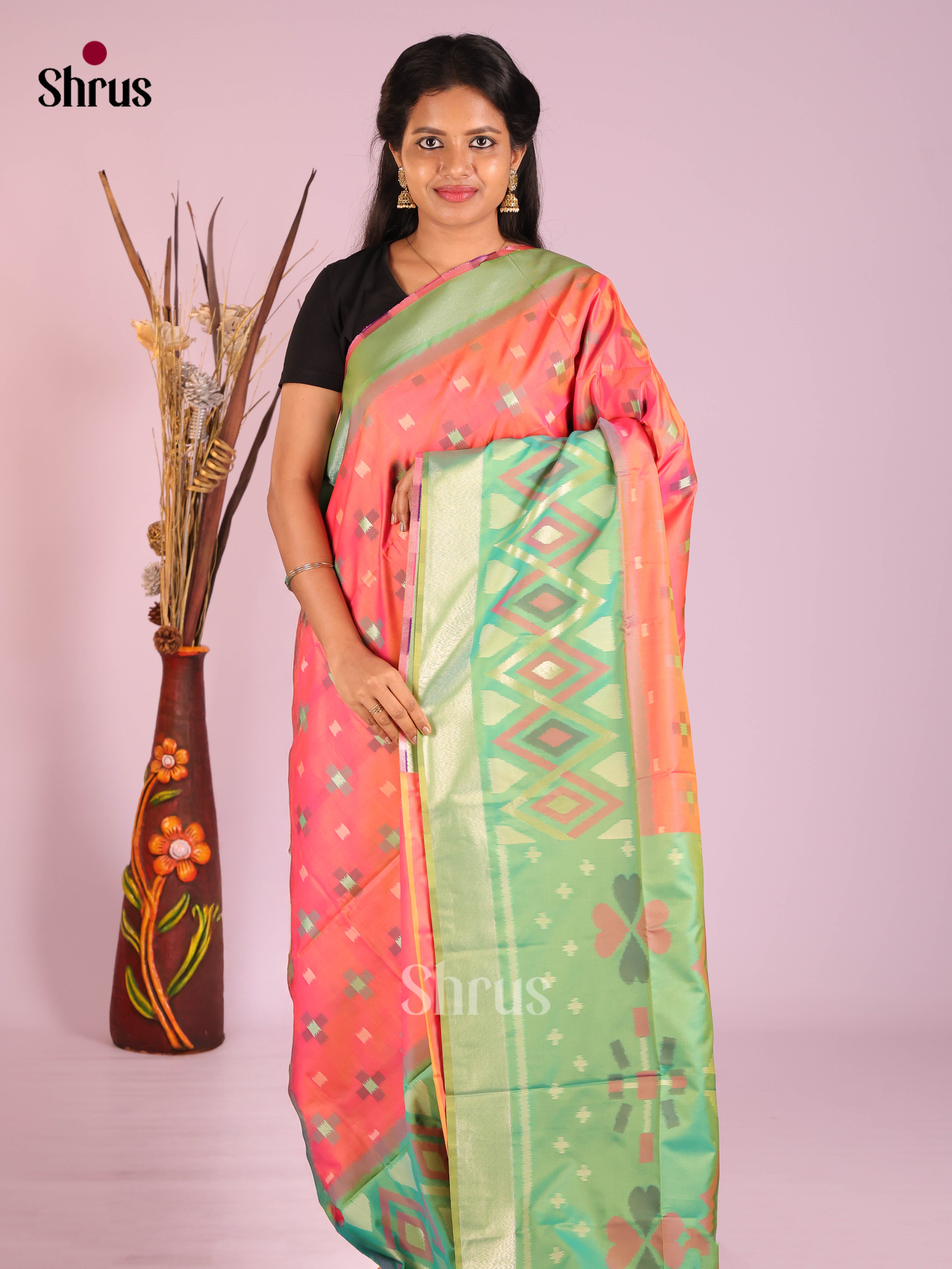 Orangish Pink & Green - Semi Softsilk Saree