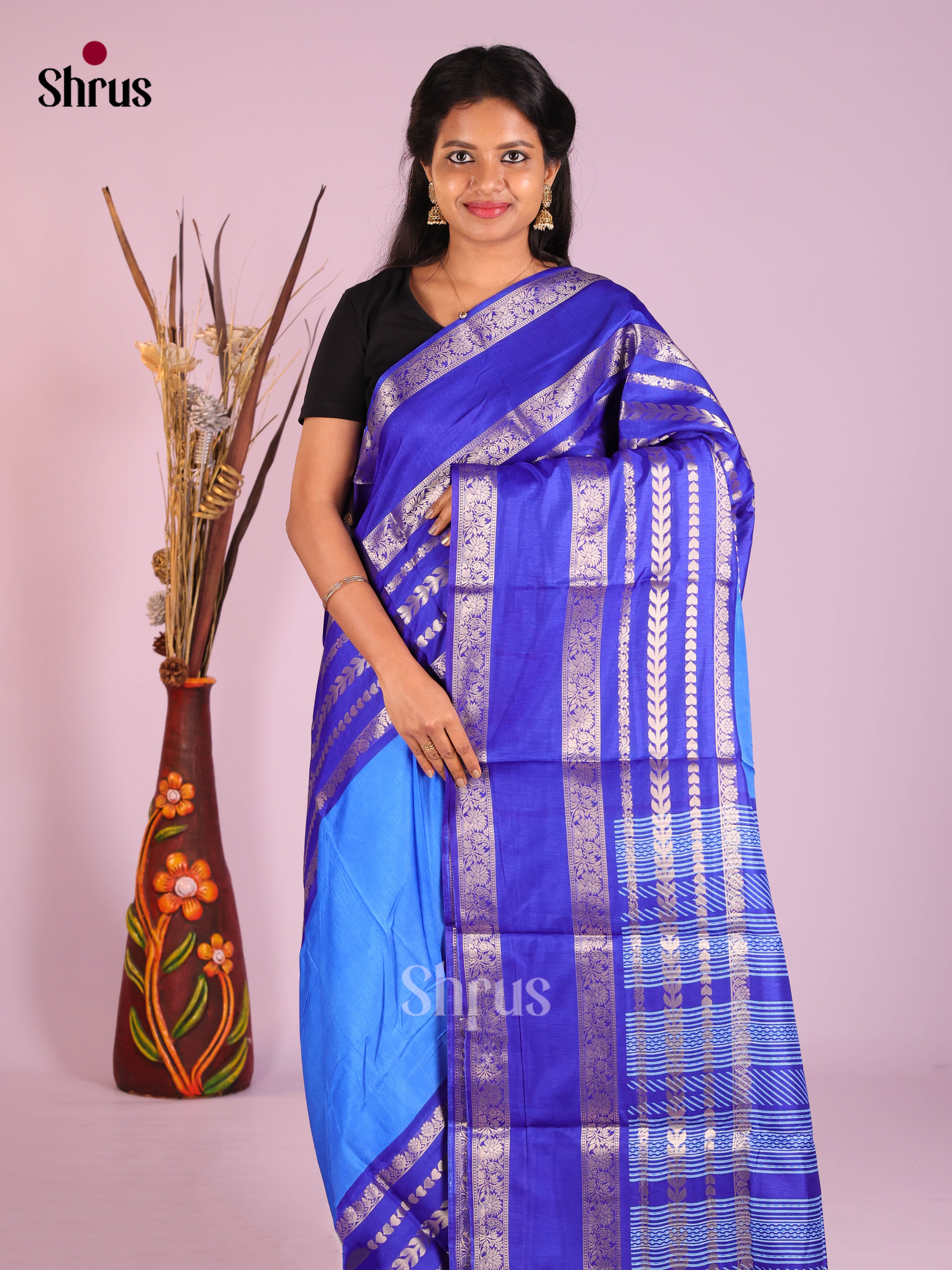 Light Blue & Blue - Semi Crepe Saree