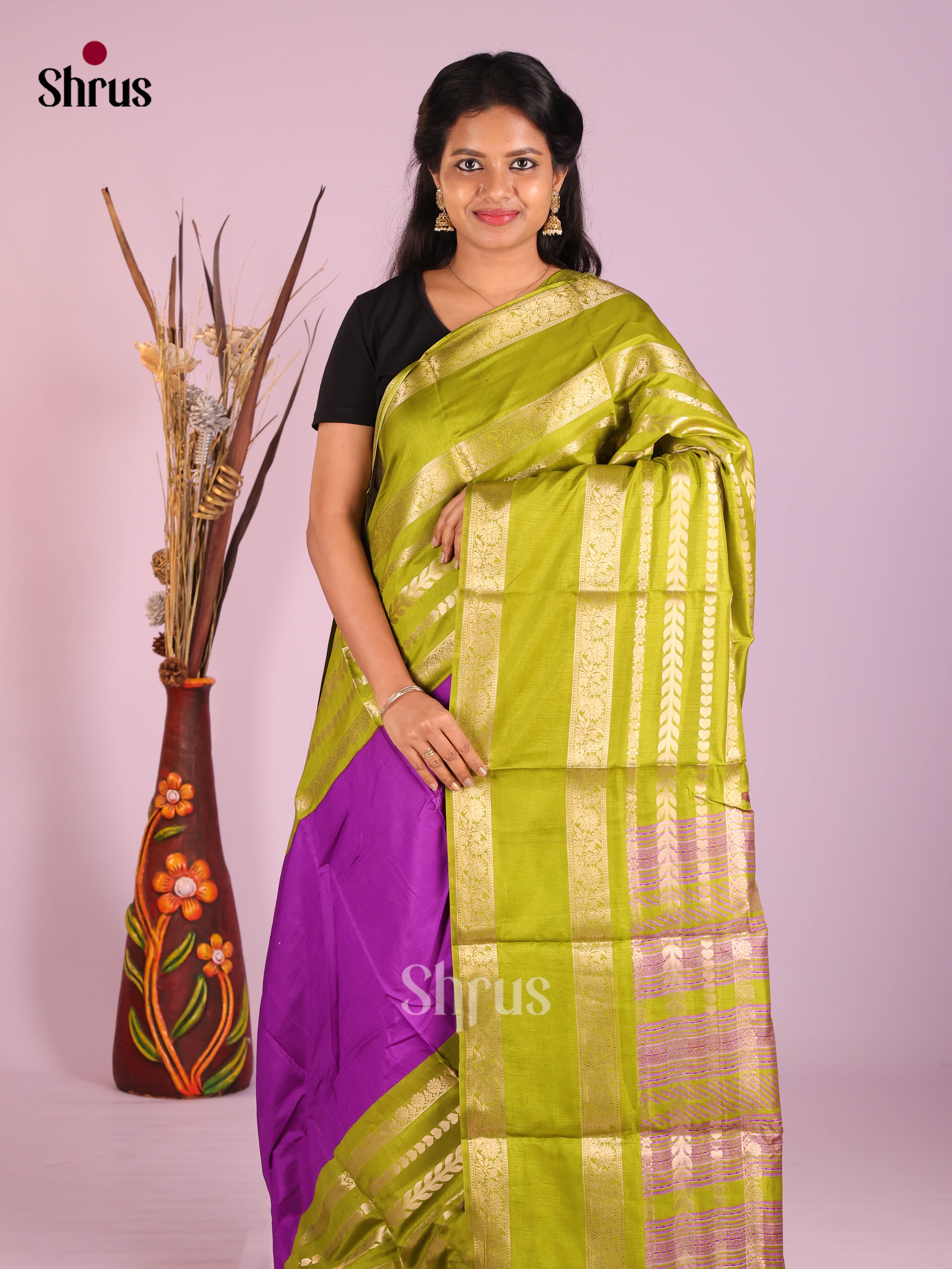 Purple & Green - Semi Crepe Saree - Shop on Shrus.com