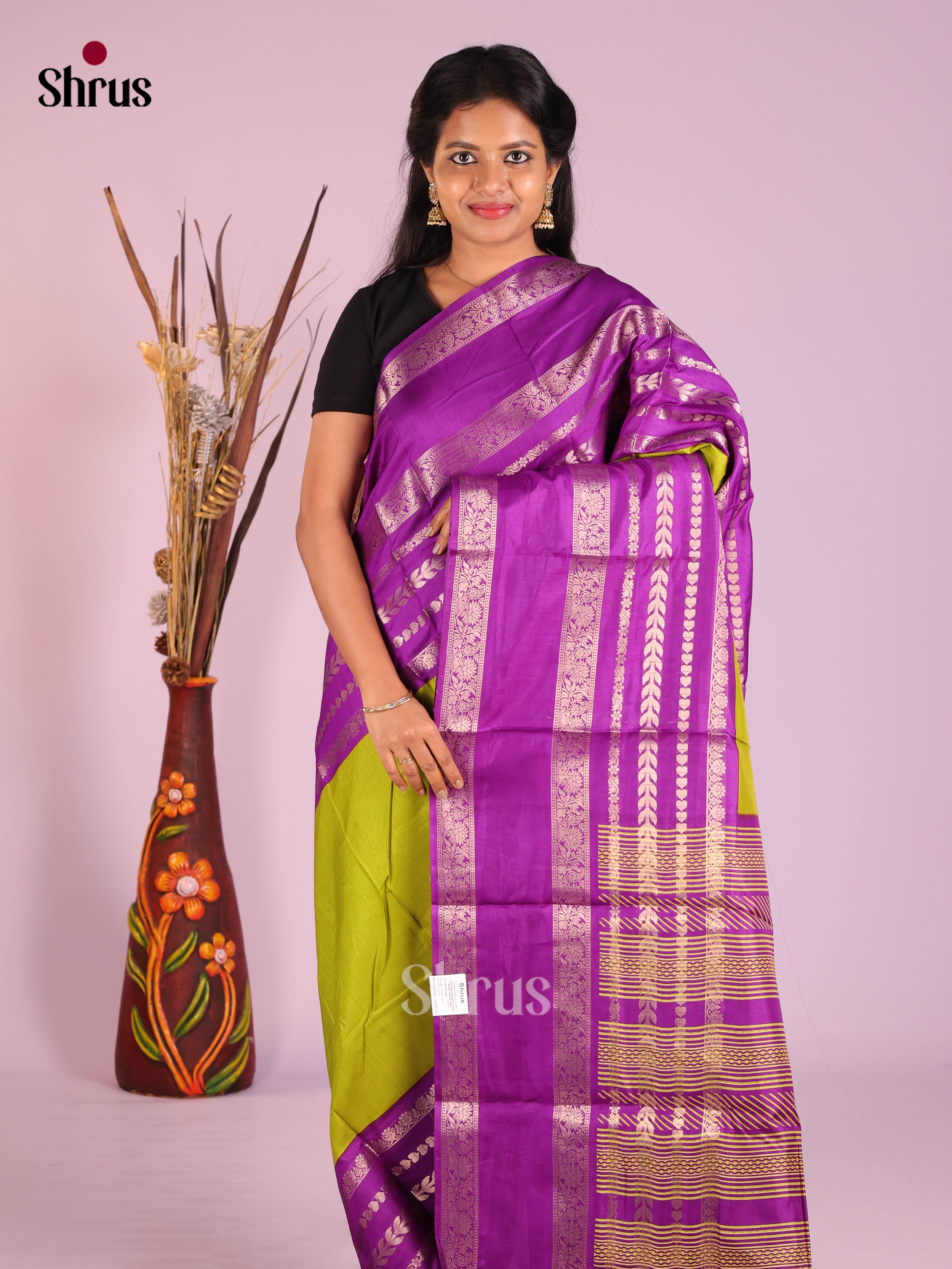 Green & Purple - Semi Crepe Saree - Shop on Shrus.com