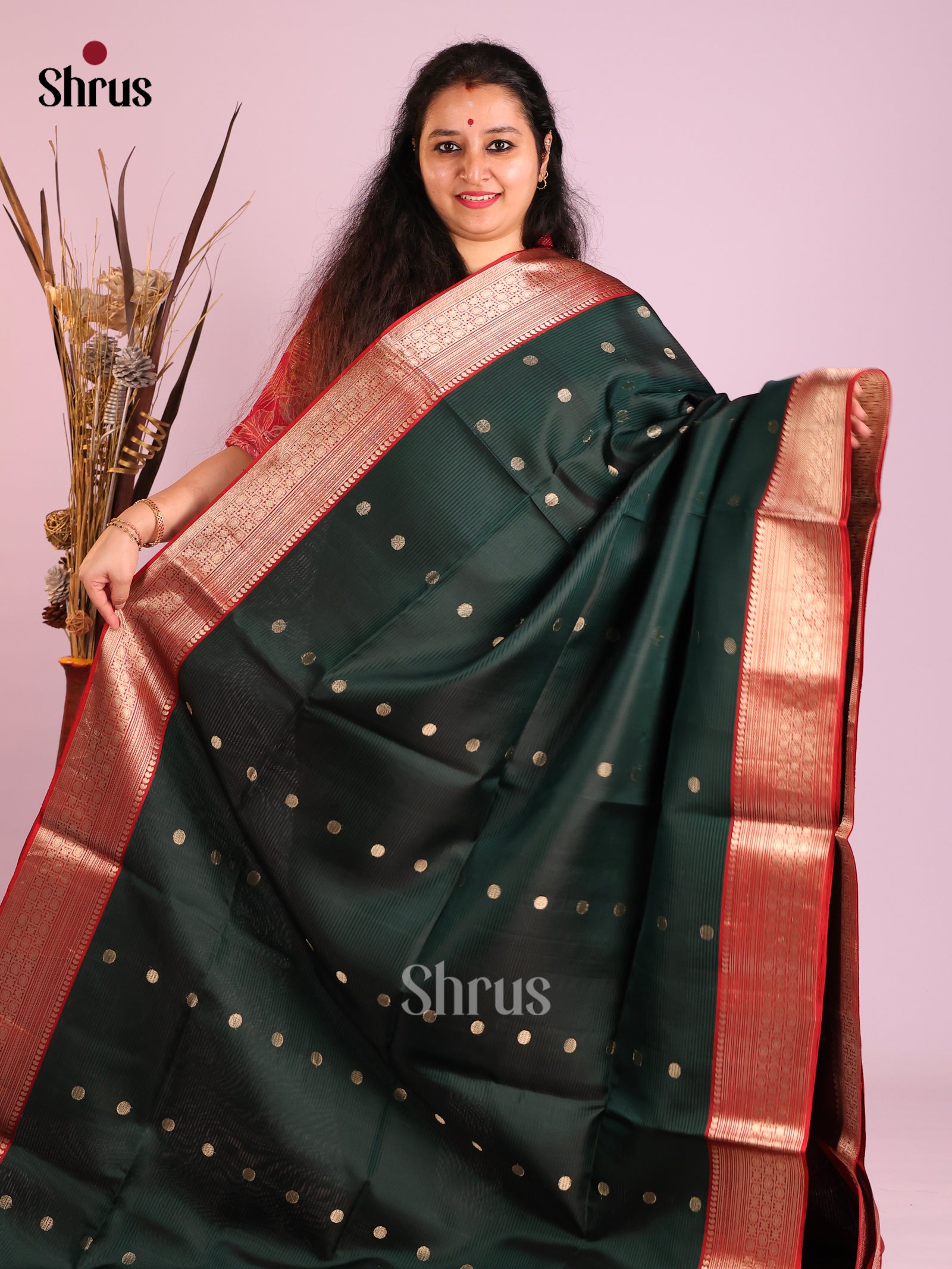 Magnificent Dark Green Soft Silk Saree With Golden Coin Buttas & Deep Red Zari Border & Pallu - Shop on Shrus.com