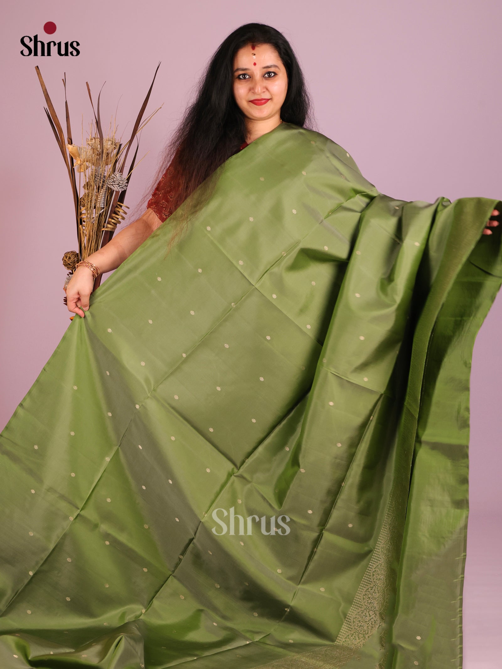Timeless Olive Green Soft Silk Saree with Small Gold buttas & Peacock Zari Border 1