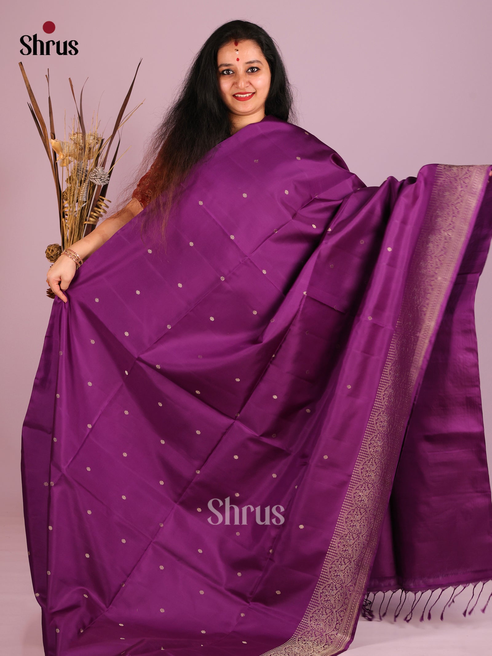 Lustrous Purple Soft Silk Saree with Gold Buttas & zari Woven Peacock border 1