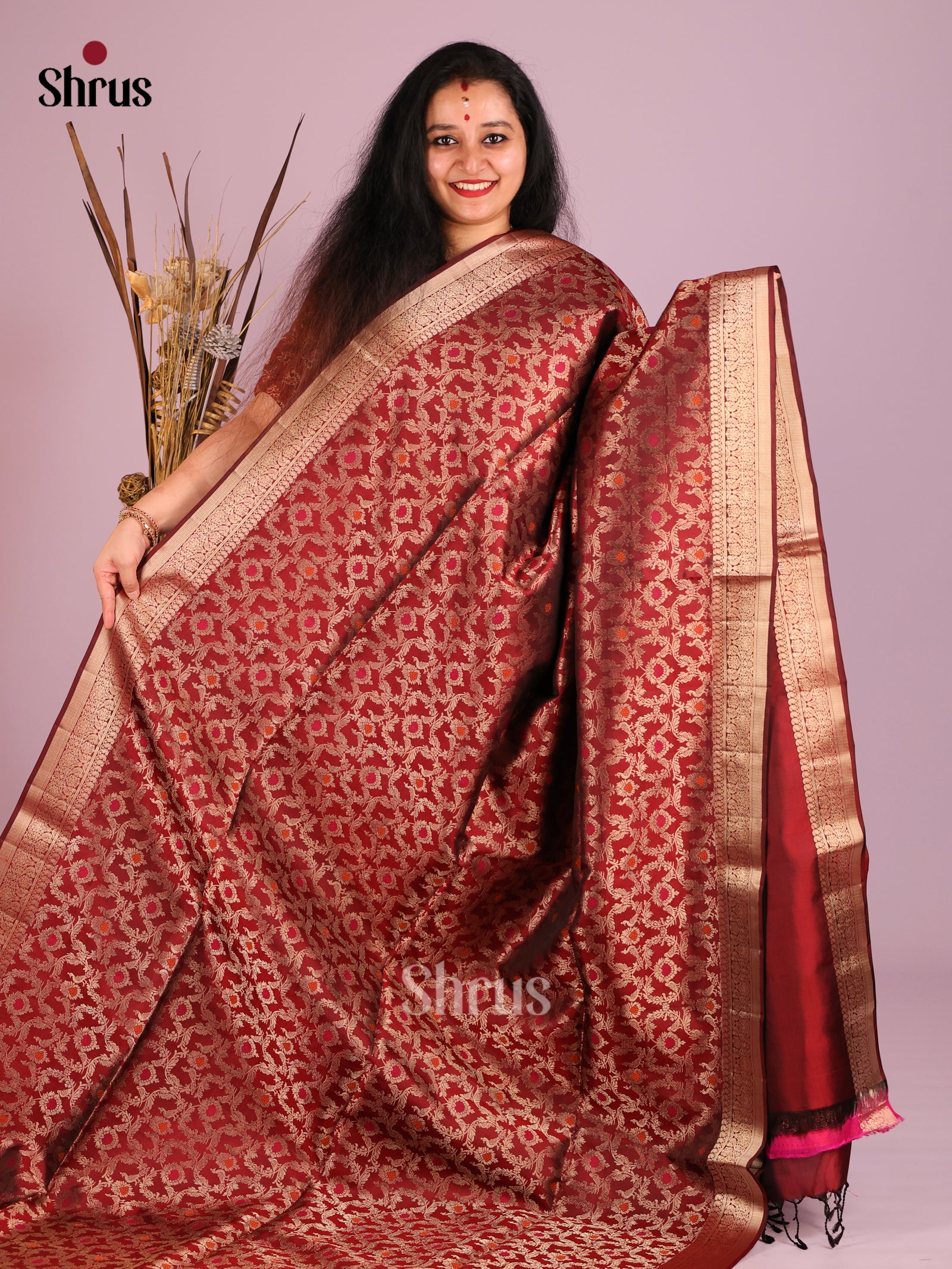 Striking Maroon Soft Silk Saree with zari floral nestling brocade & zari border 1