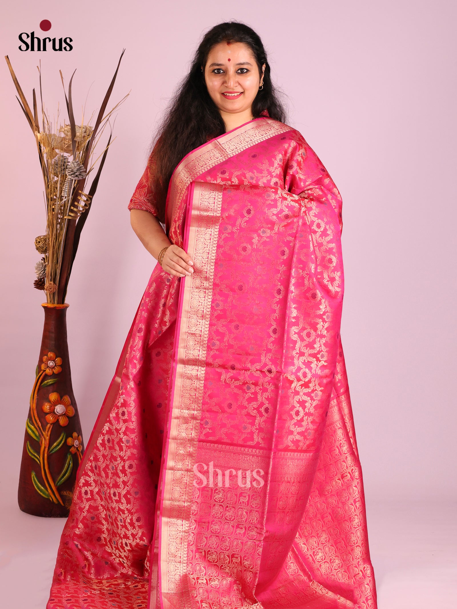 Opulent Pink Soft Silk Saree with zari floral nestling brocade & meenakari detailing