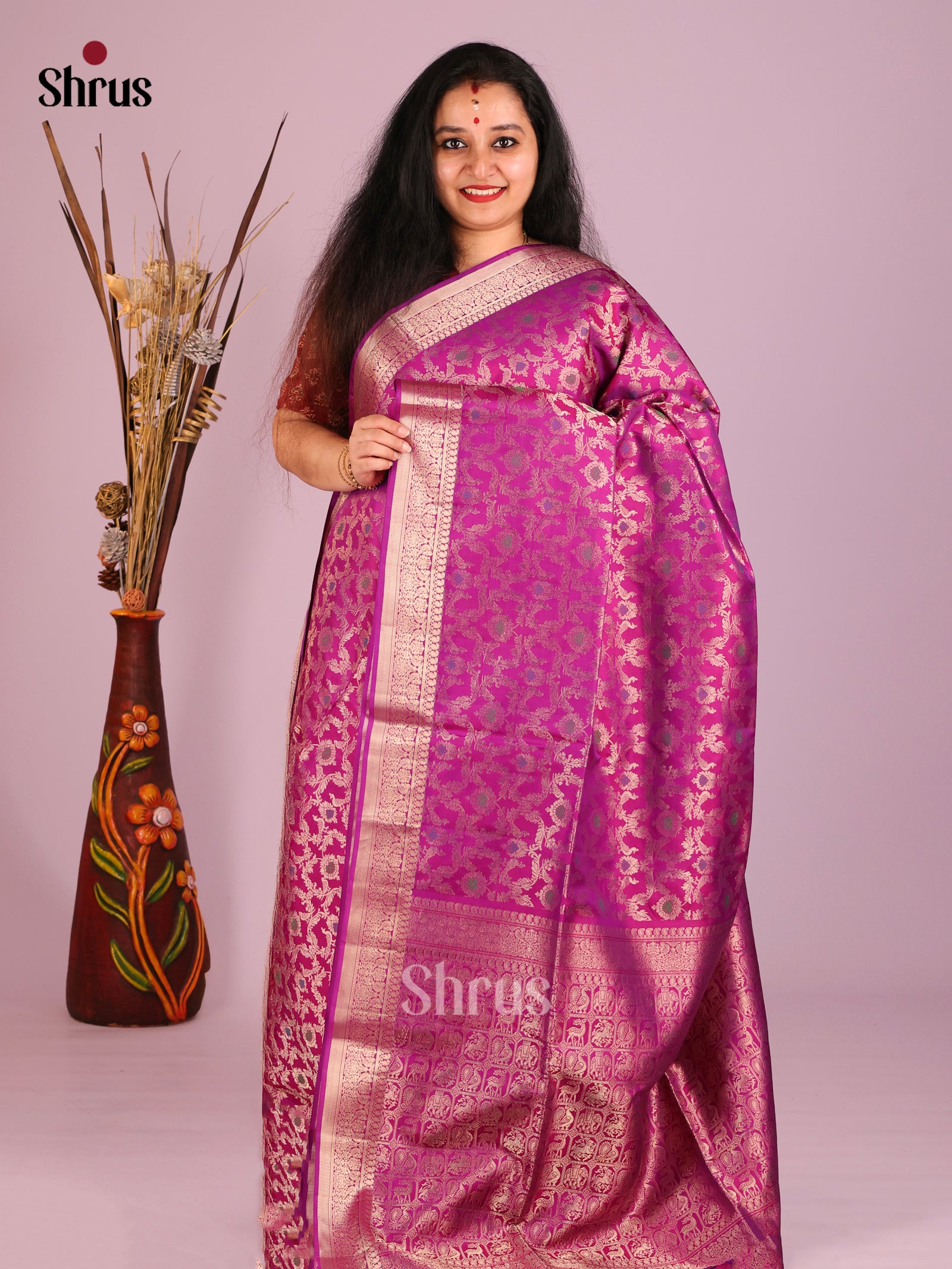 Majestic Purple Soft Silk Saree with gold floral nestling brocade & Meenakari Detailing