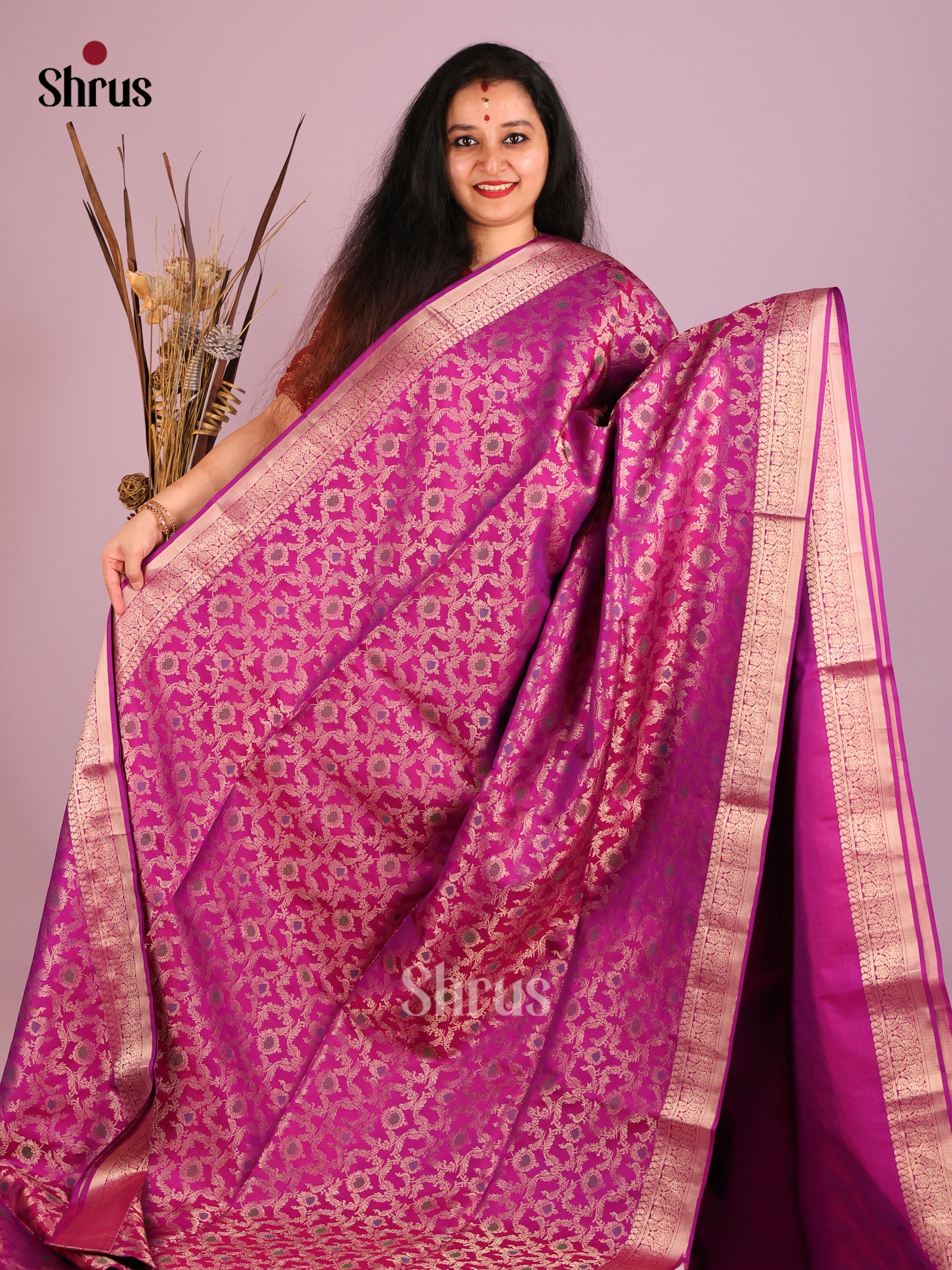 Majestic Purple Soft Silk Saree with gold floral nestling brocade & Meenakari Detailing 1