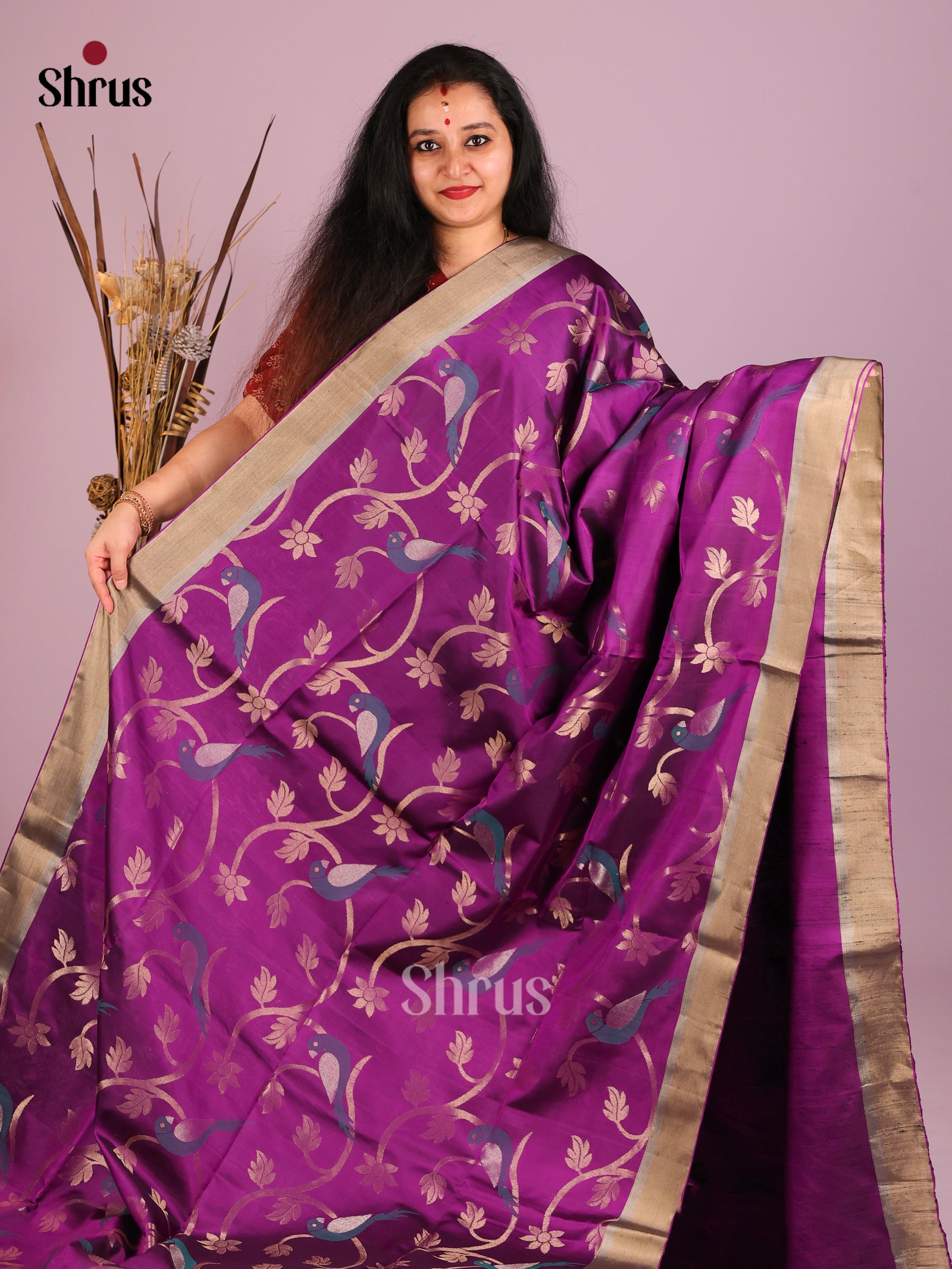 Regal Purple Soft Silk Saree with Flowers & birds Zari Motifs & Brocade Pallu 1