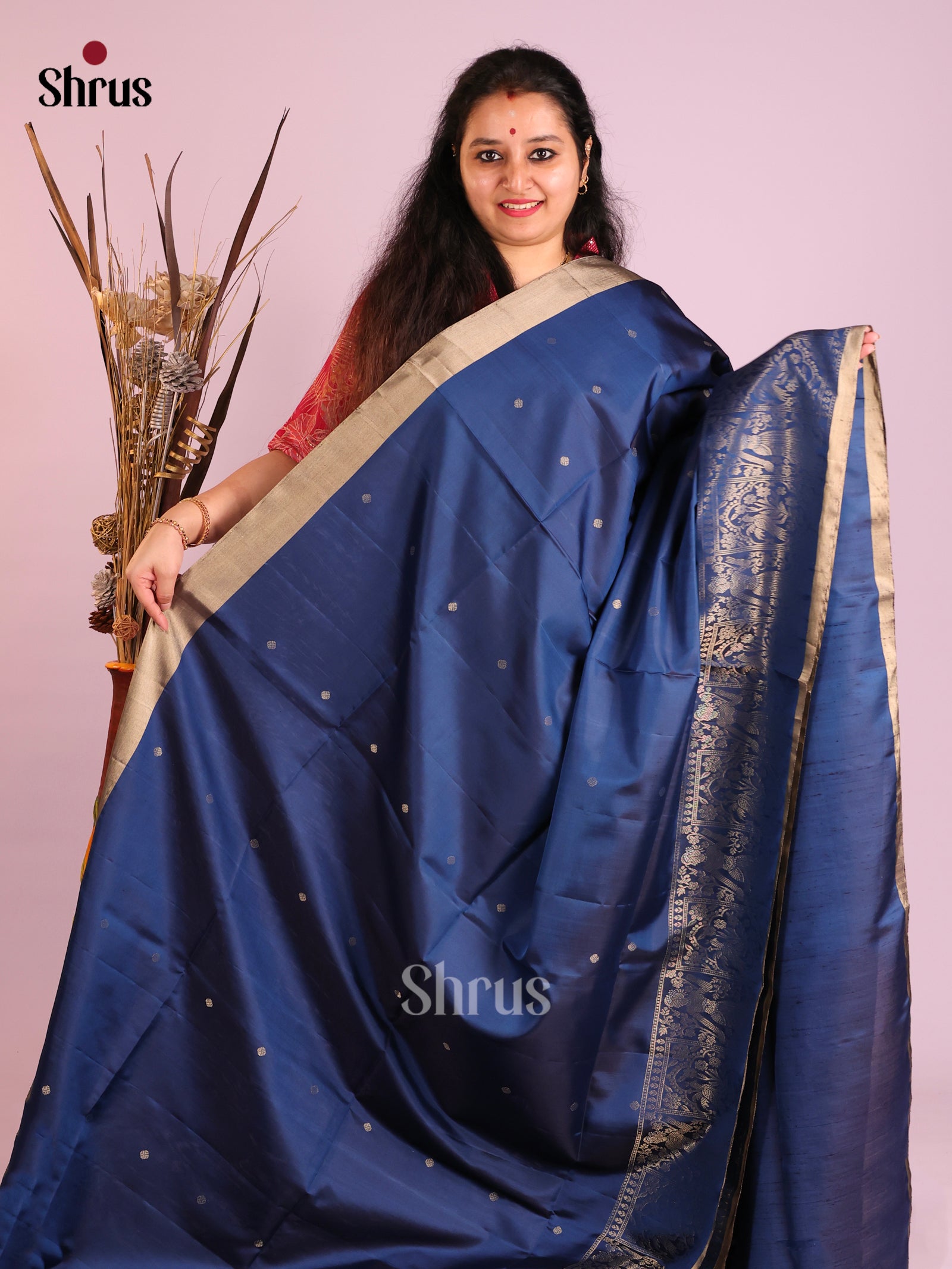 Vibrant Dark Blue Soft Silk Saree with gold buttas & zari doll motifs in the border 1