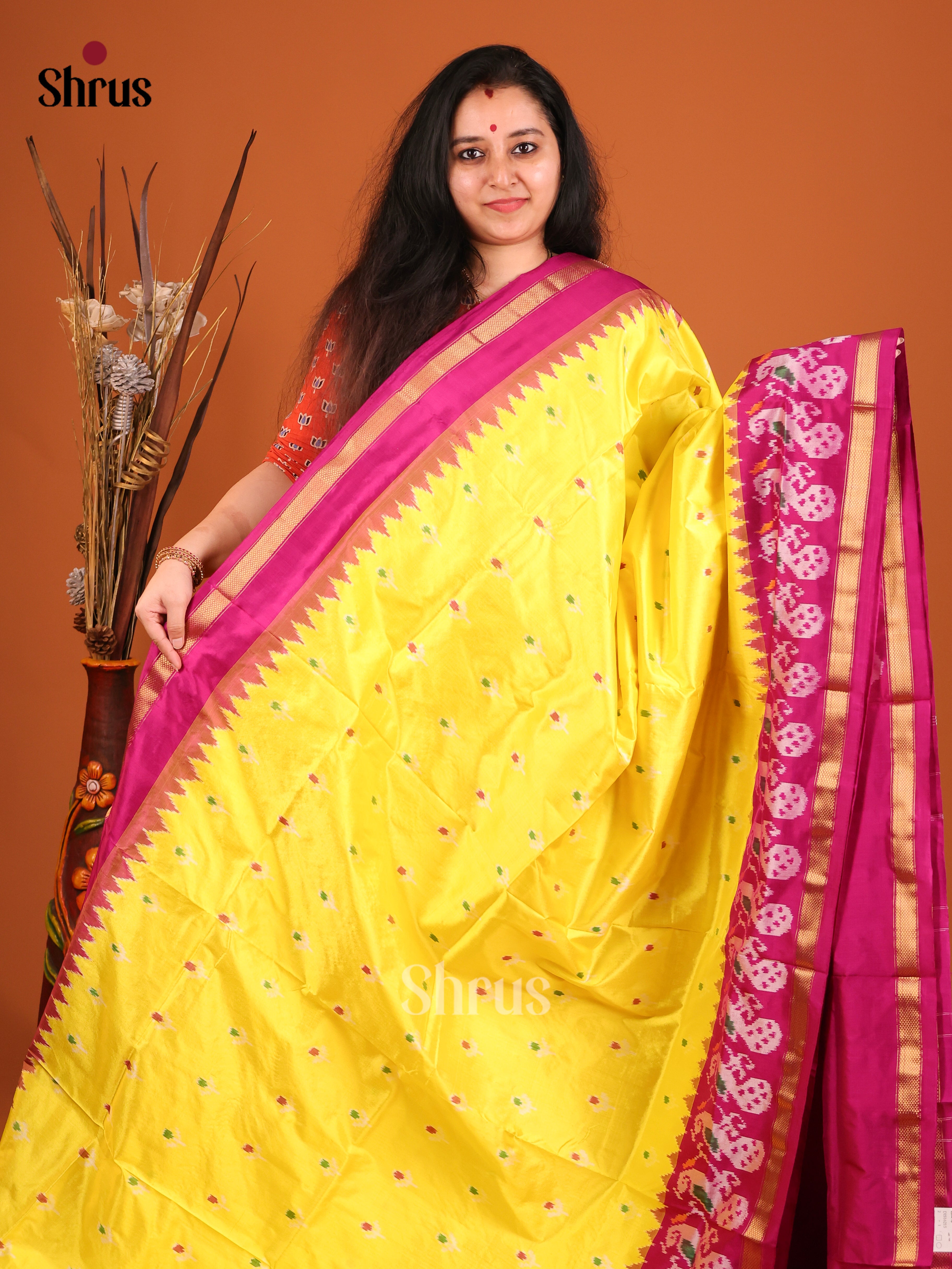 Yellow & Purple - Ikkat Silk Saree