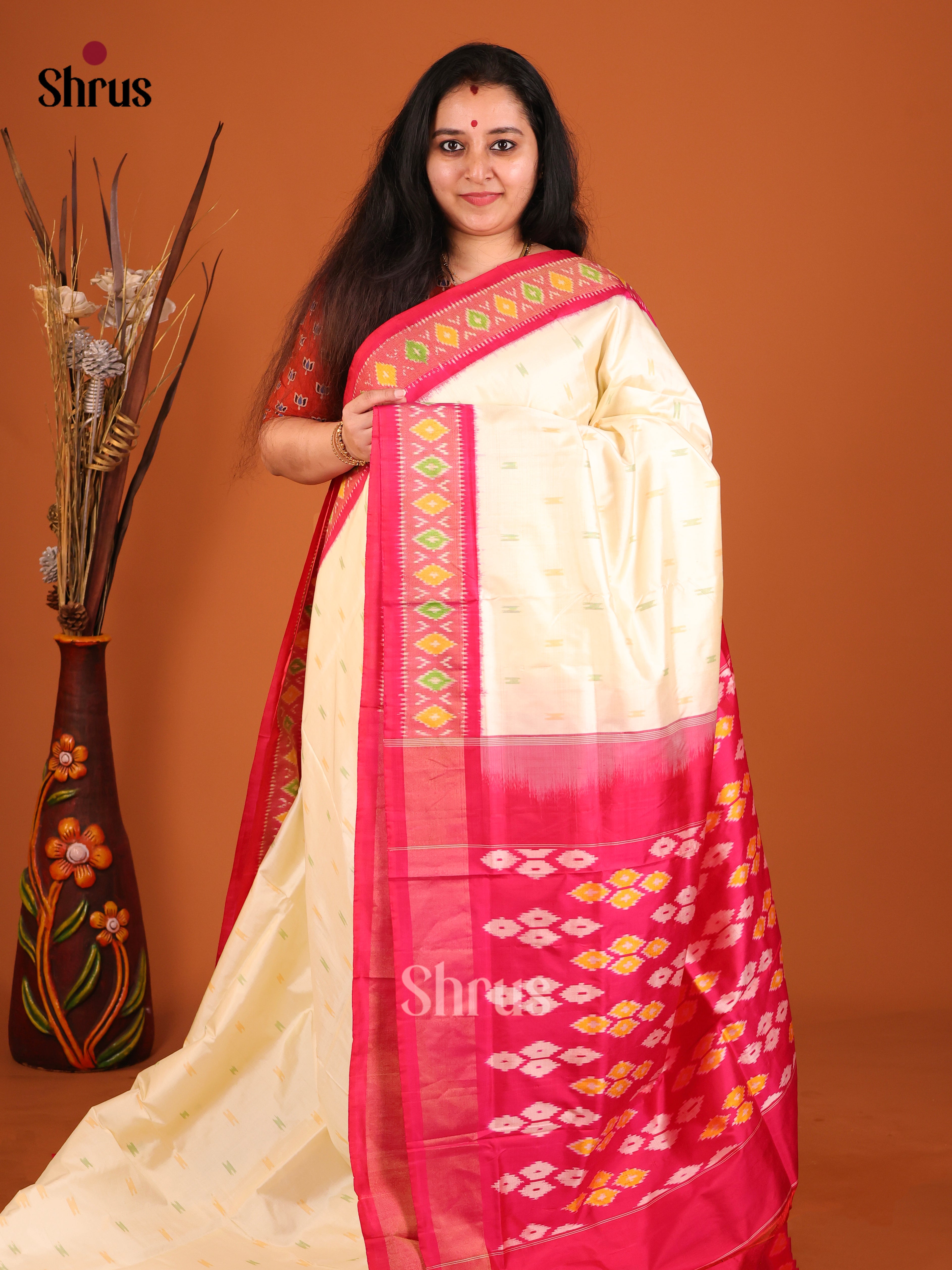 Cream & Maroon - Ikkat Silk Saree