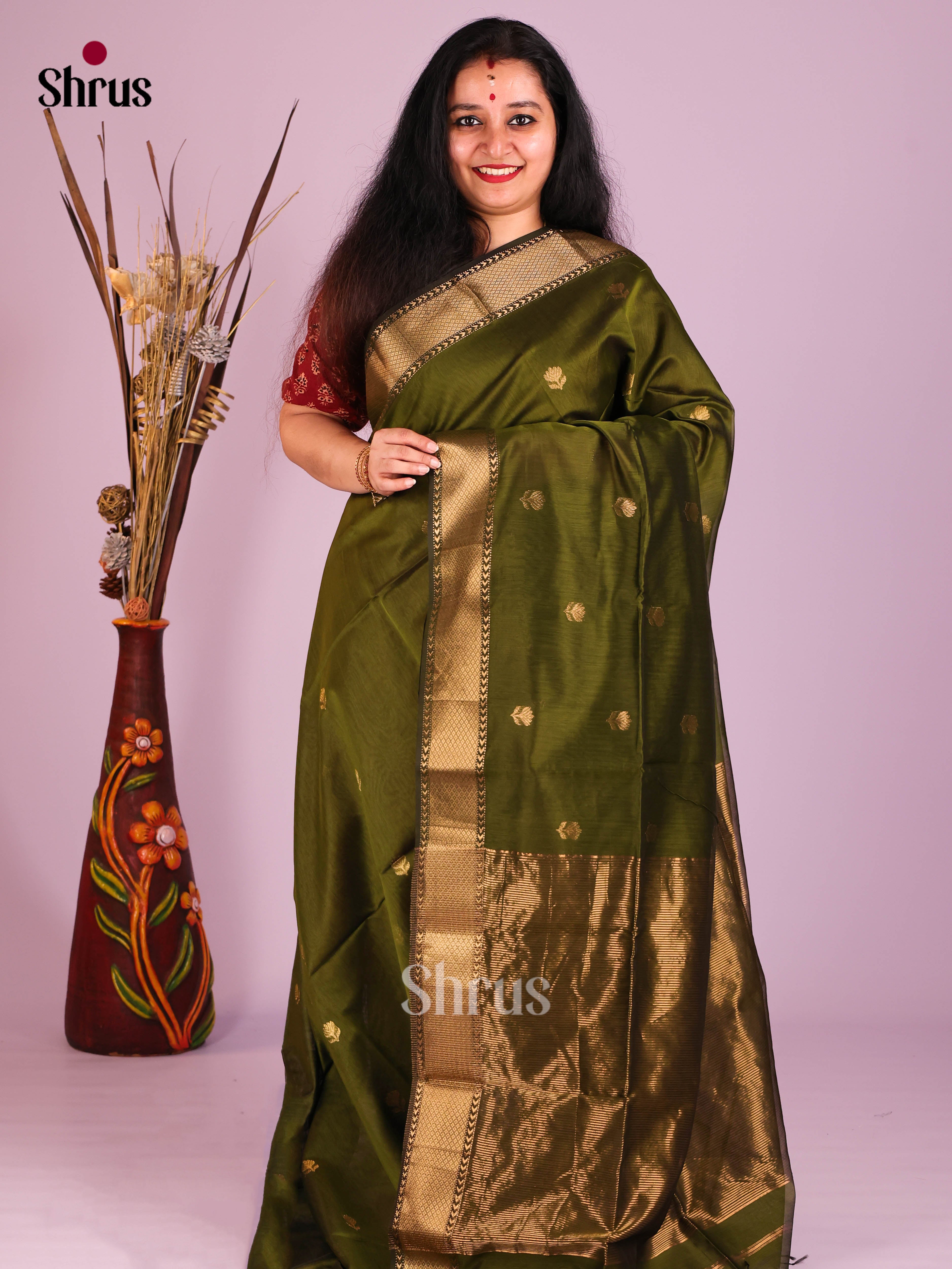 Mehandi Green(Single Tone) - Maheshwari silkcotton Saree - Shop on Shrus.com