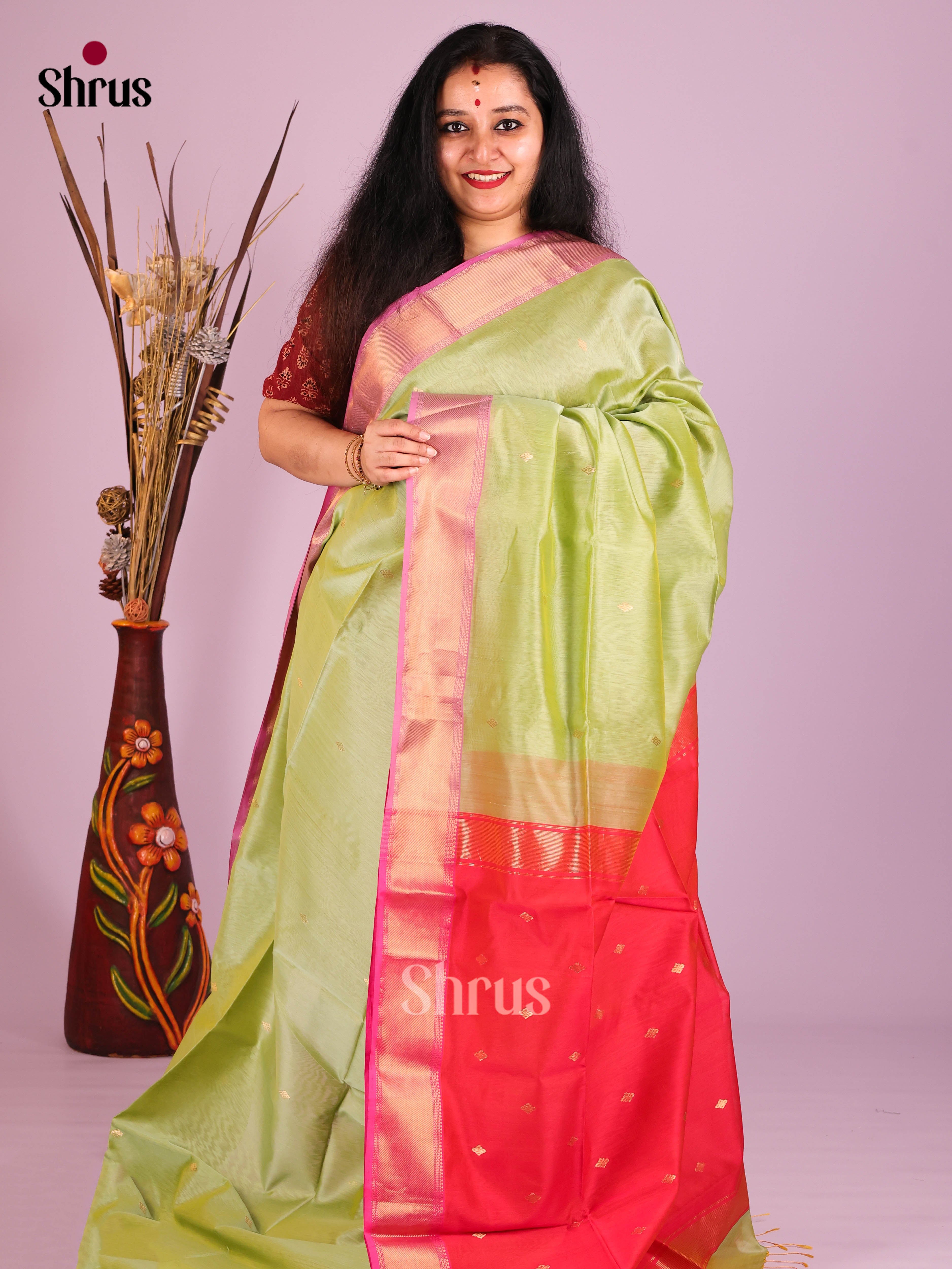 Pista Green & Red - Maheshwari silkcotton Saree - Shop on Shrus.com