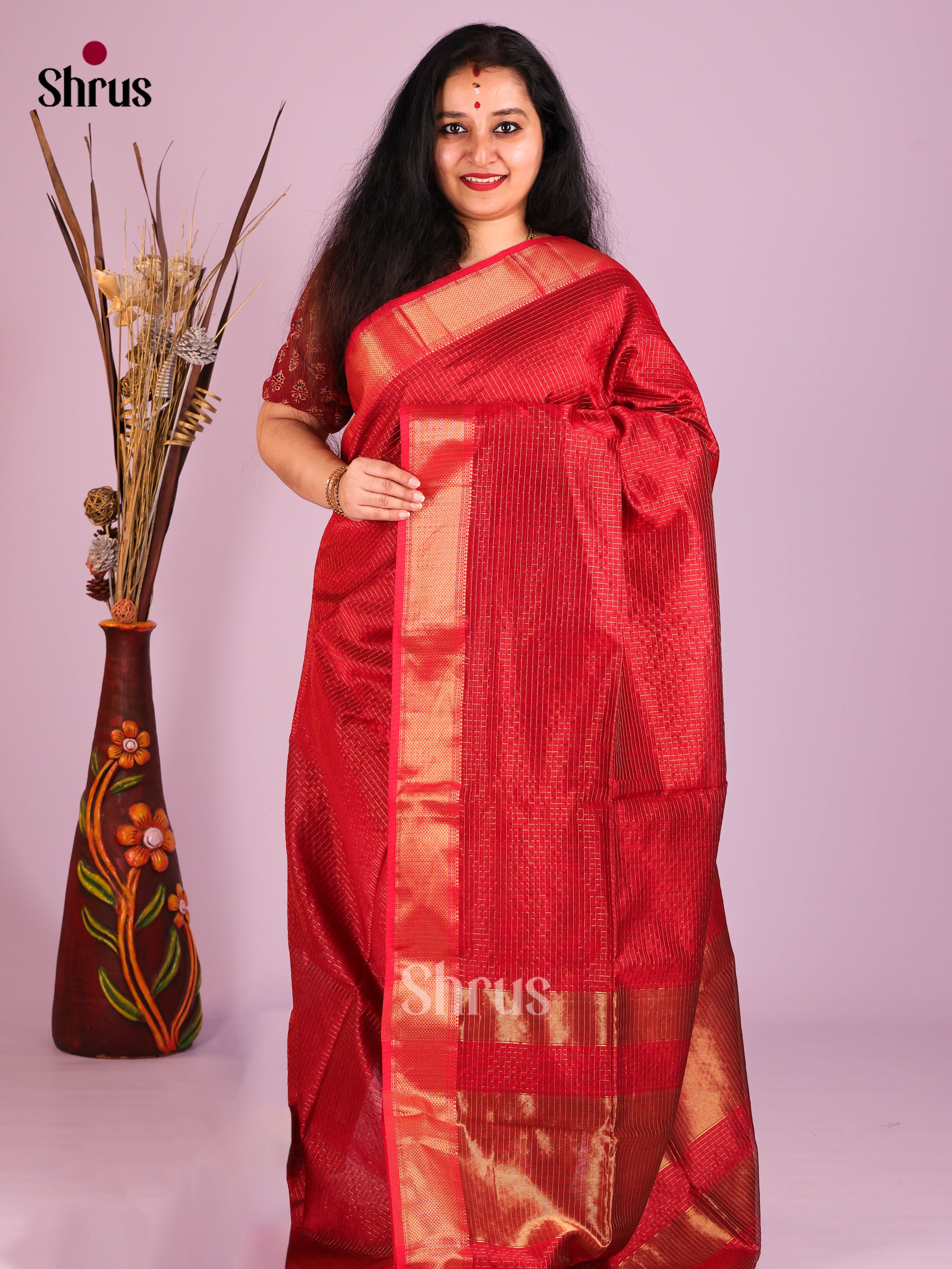 Red(Single Tone) - Maheshwari silkcotton Saree
