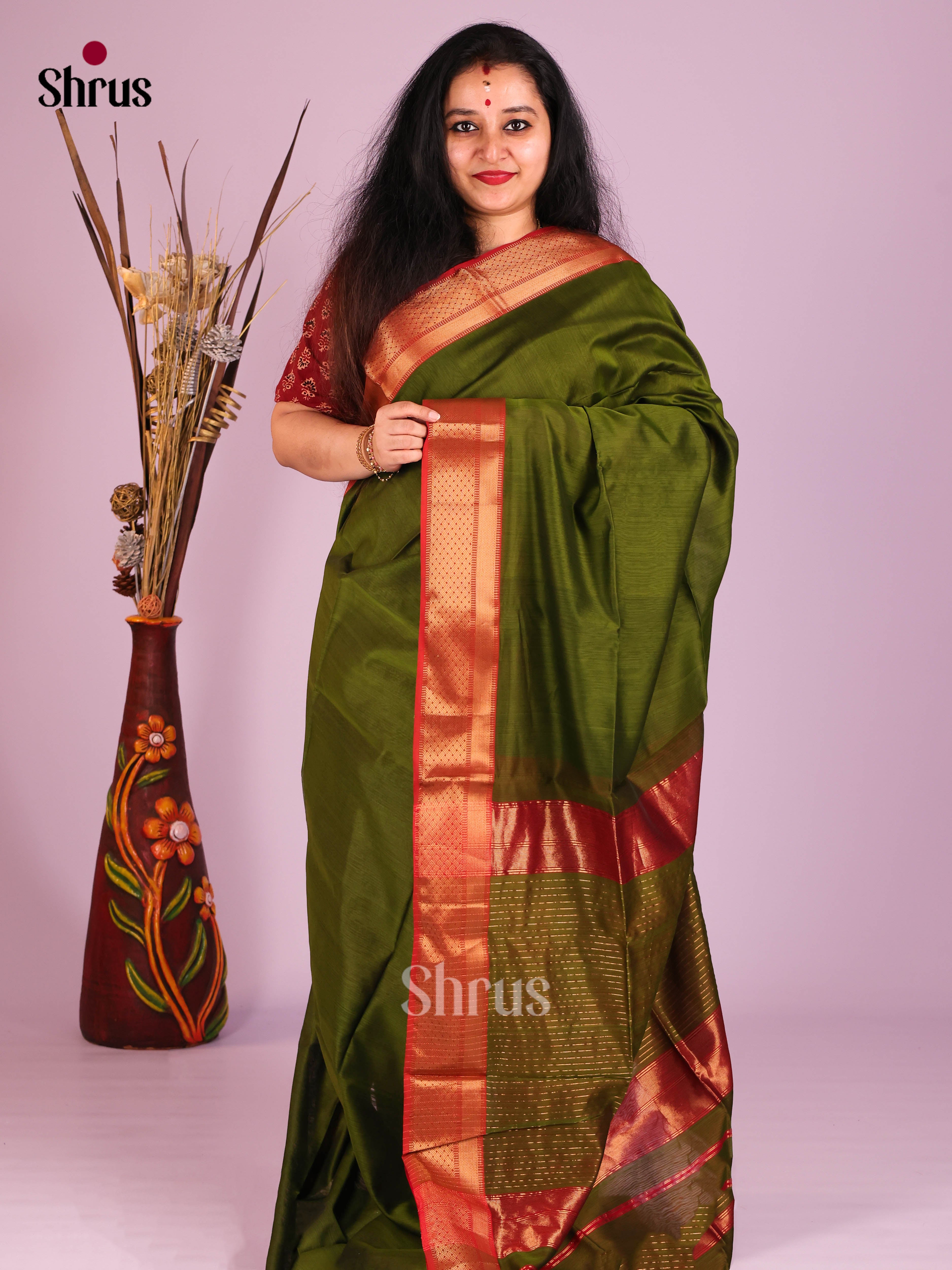 Green & Red - Maheshwari silkcotton Saree - Shop on Shrus.com