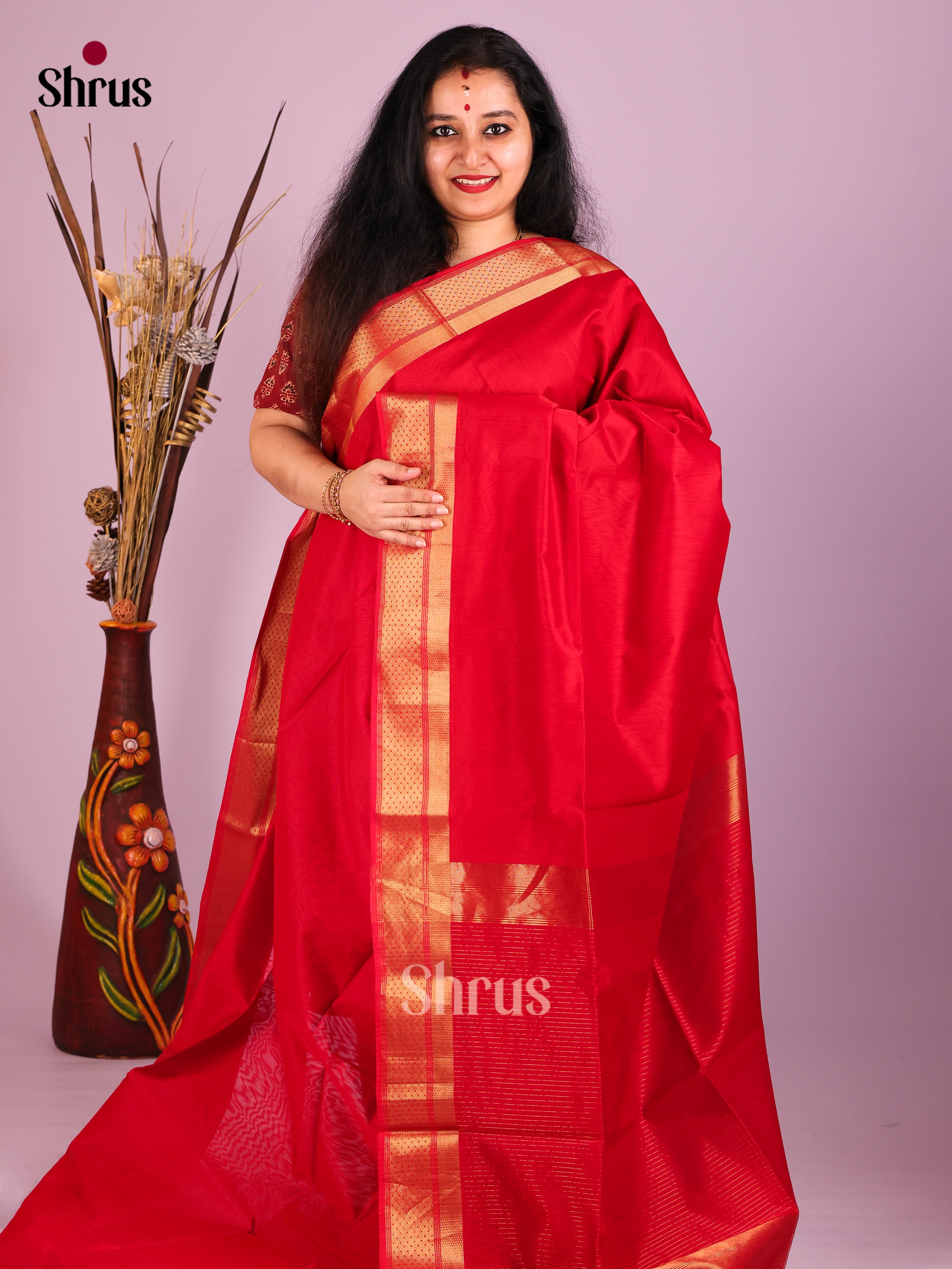 Red(Single Tone) - Maheshwari silkcotton Saree