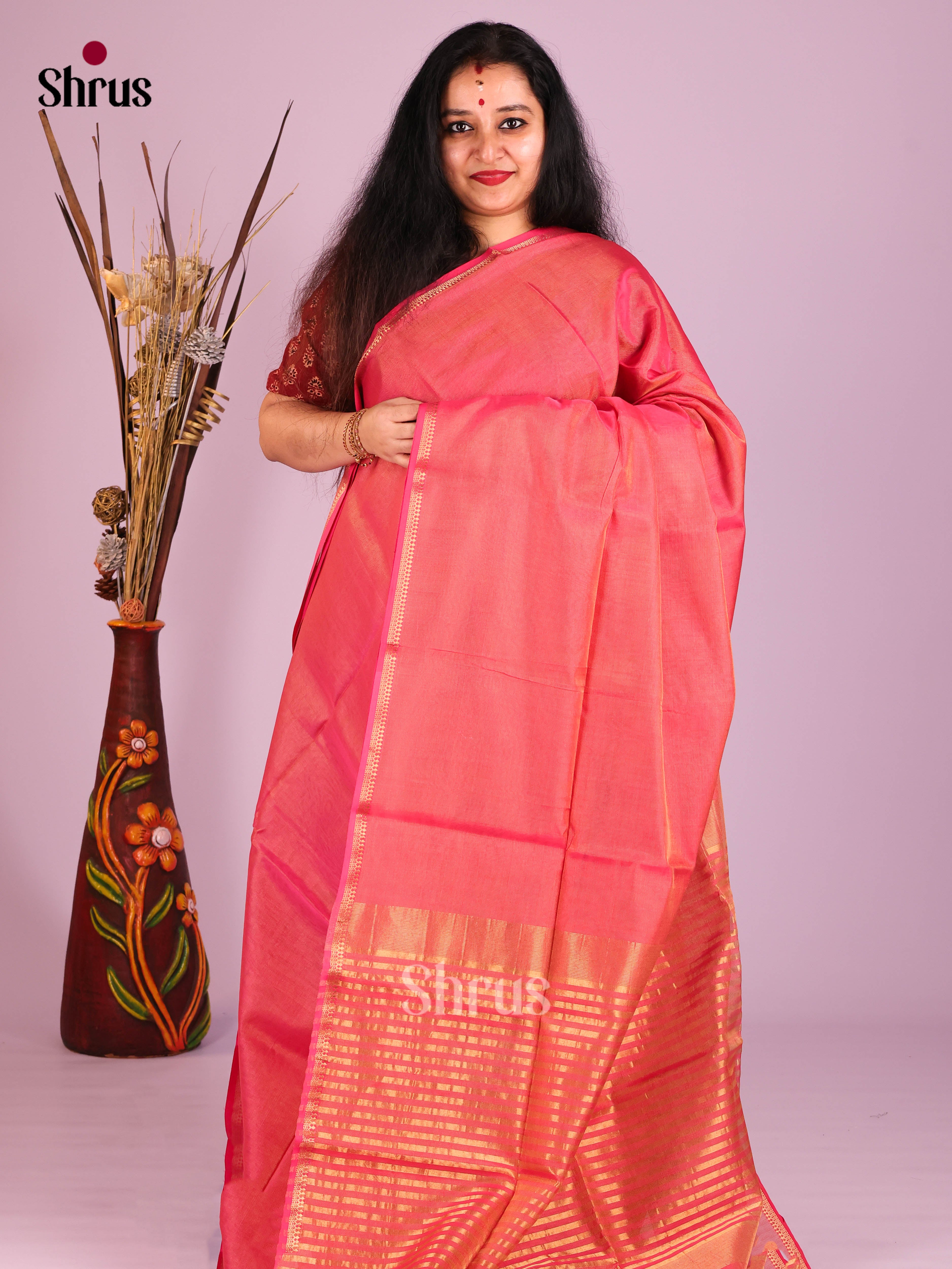 Orangish Pink (Single Tone)- Maheshwari silkcotton Saree - Shop on Shrus.com