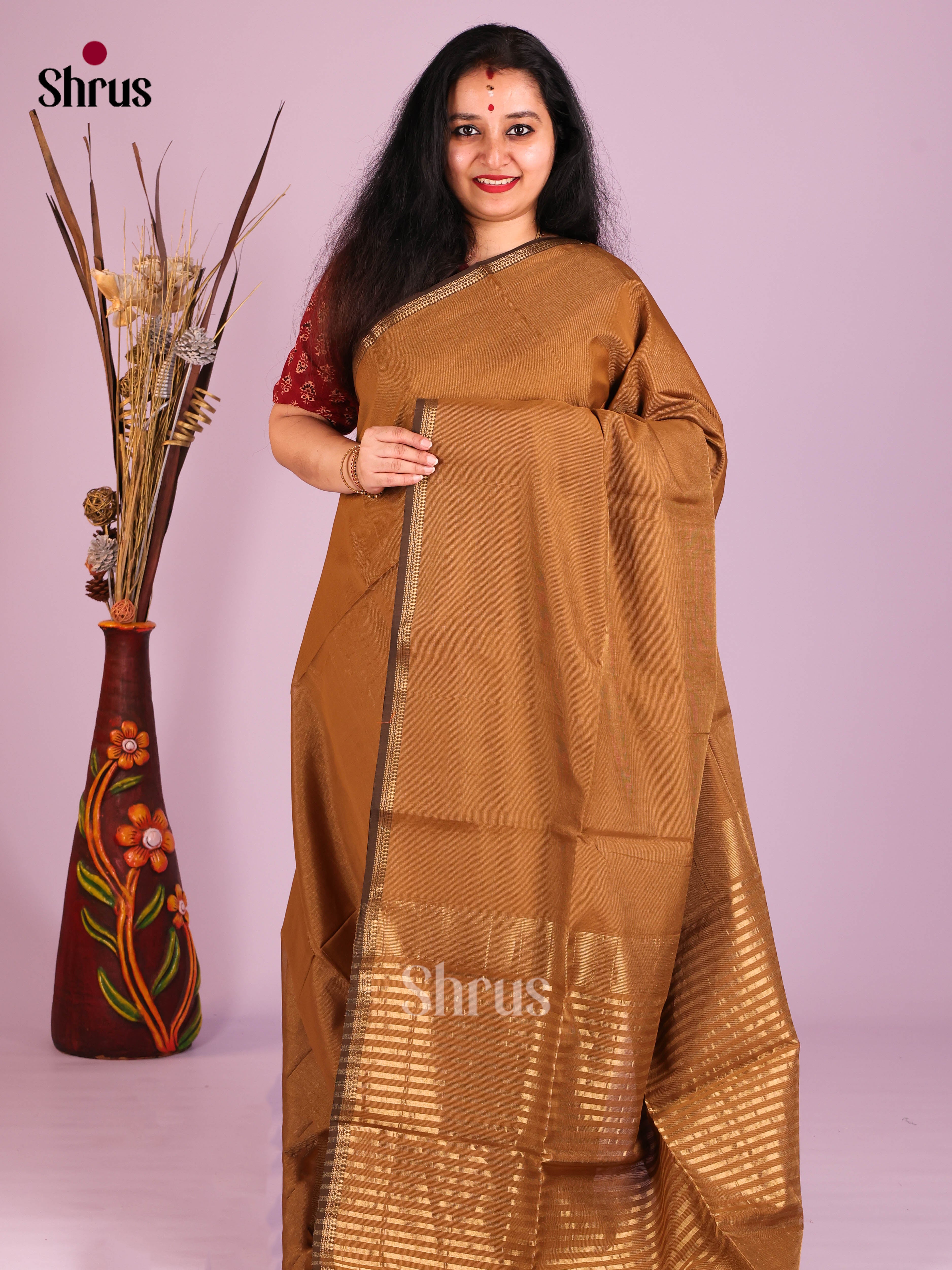 Brown(Single Tone) - Maheshwari silkcotton Saree